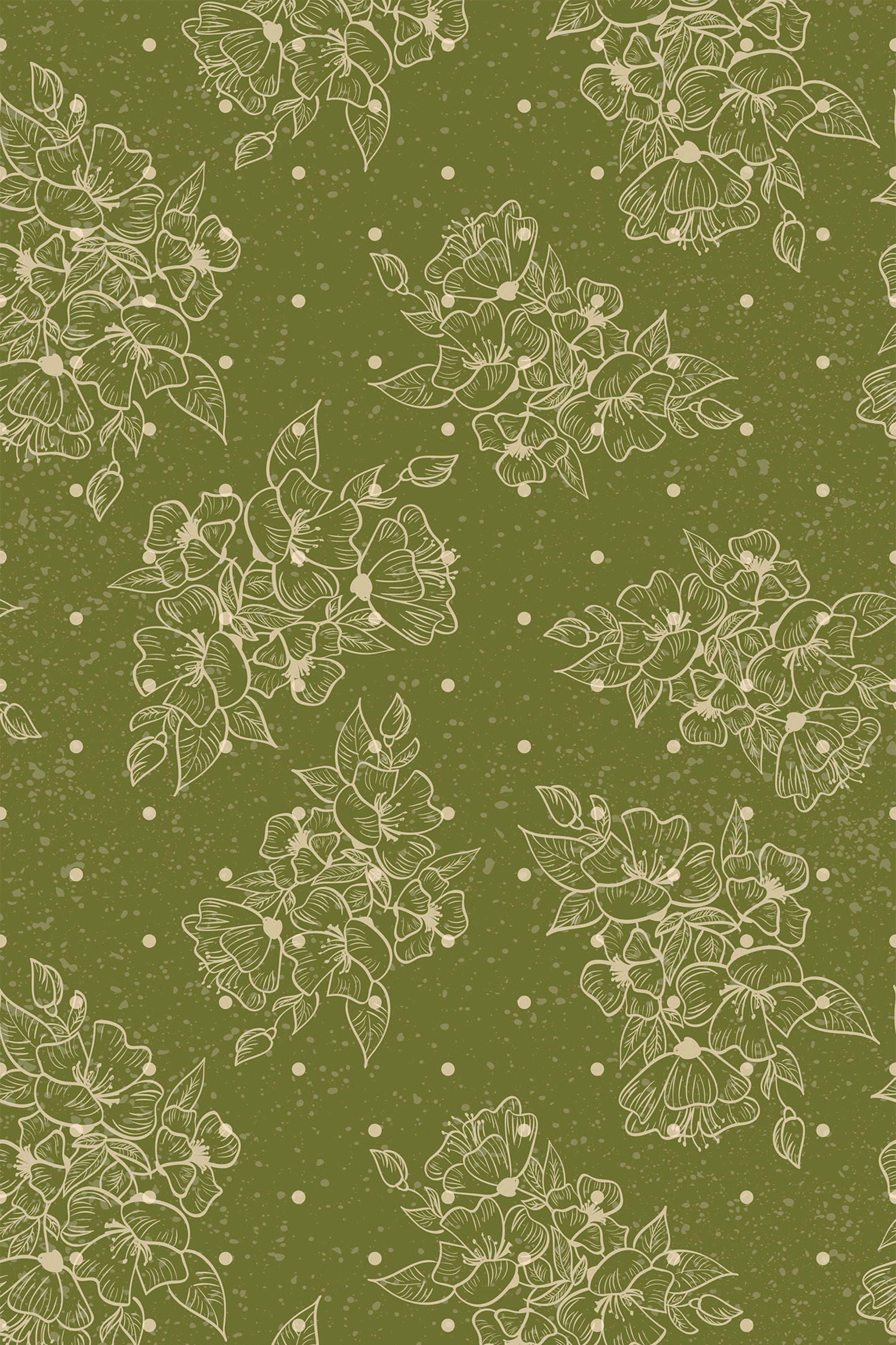 A Vintage dotted rose design with delicate white floral outlines scattered across a textured olive green background adorned with subtle white dots, creating an elegant and timeless look. Peel and stick removable wallpaper.