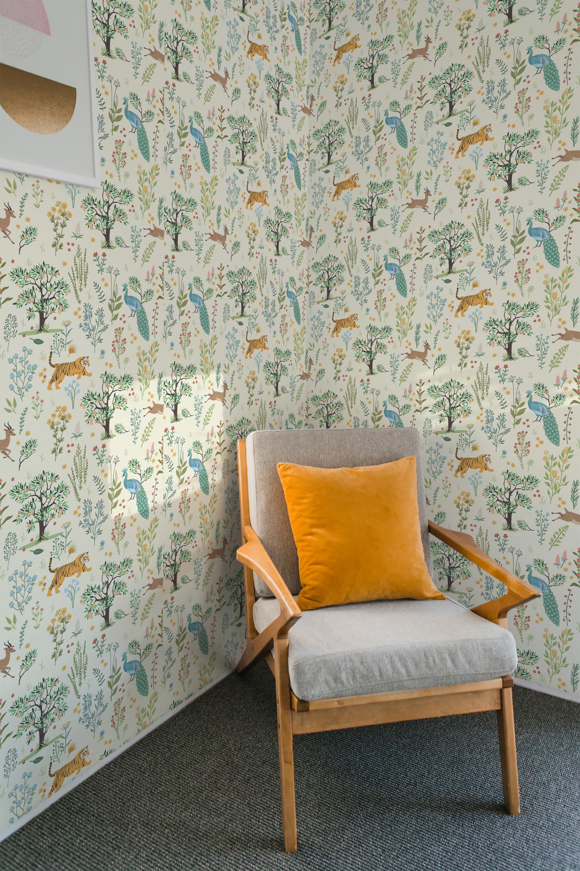 Wallpaper pattern of whimsical forest animals and trees in soft colors, with birds, foxes, and deer scattered among the foliage. Traditional wallpaper.