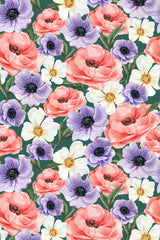 A repeating pattern of vibrant flowers with large peach-toned blossoms, delicate white petals with yellow centers, and soft purple blooms, all set against a deep green background. Peel and stick removable wallpaper.