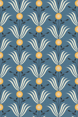 Blue art deco leaf pattern with alternating yellow-orange circles and stylized white leaves on a dark blue background, peel and stick removable wallpaper.