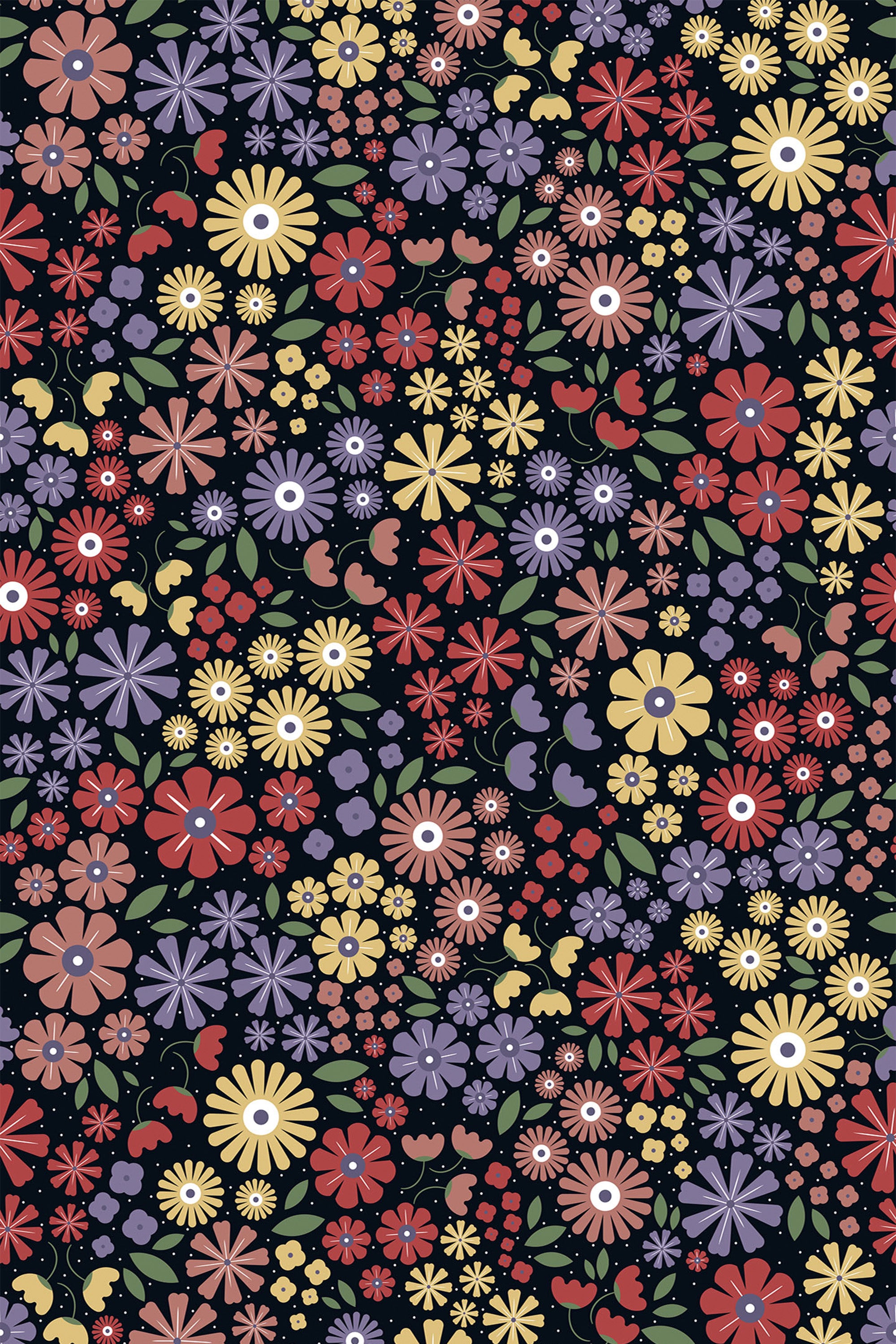 Colorful small floral pattern with various sizes of red, yellow, pink, and purple flowers, along with green leaves and stems against a black background. Peel and stick removable wallpaper.