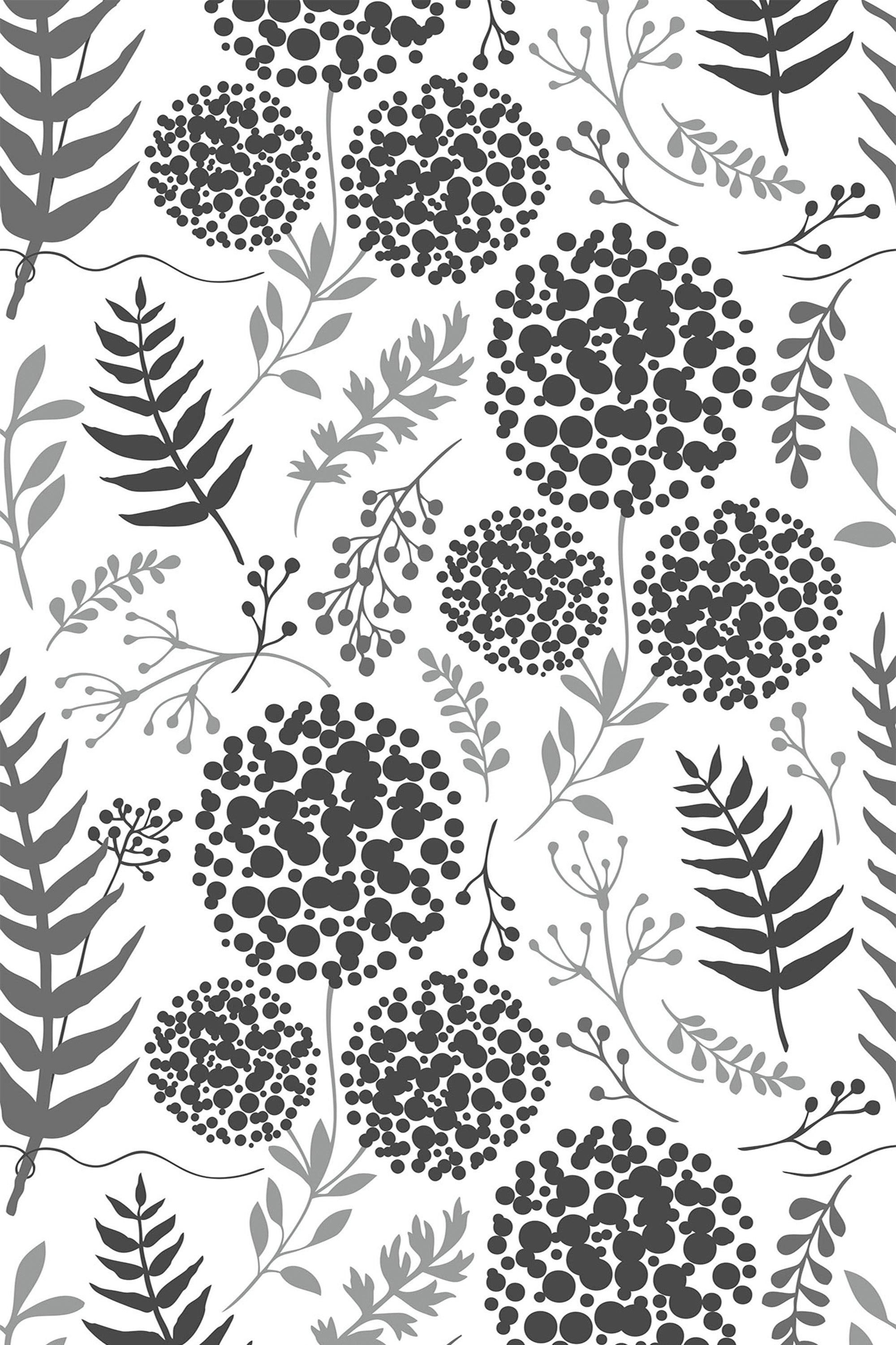A monochrome floral wallpaper design with detailed black and gray flowers, varied leaves, and delicate stems on a white background, peel and stick removable wallpaper.