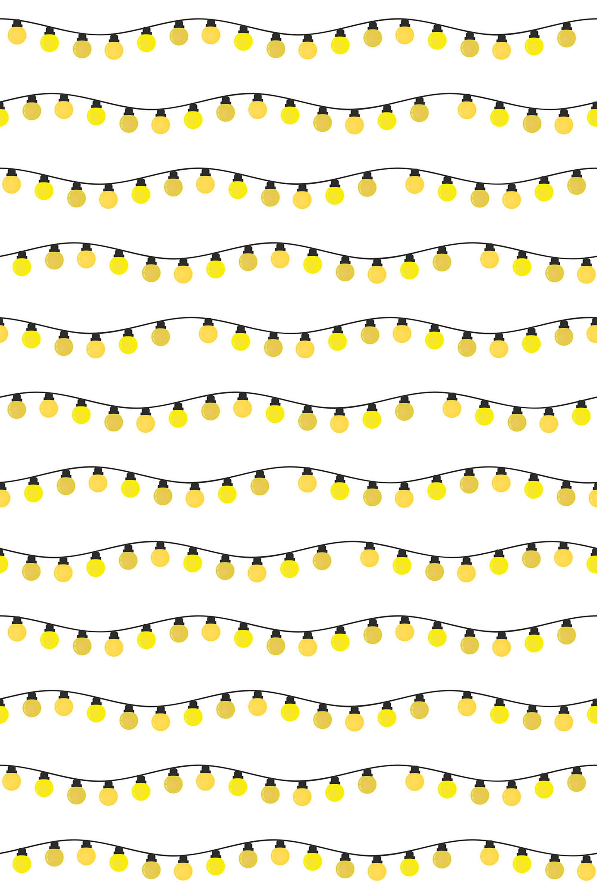 A repeating pattern of yellow and gold Christmas lights draped in a wavy line against a white background, peel and stick removable wallpaper.