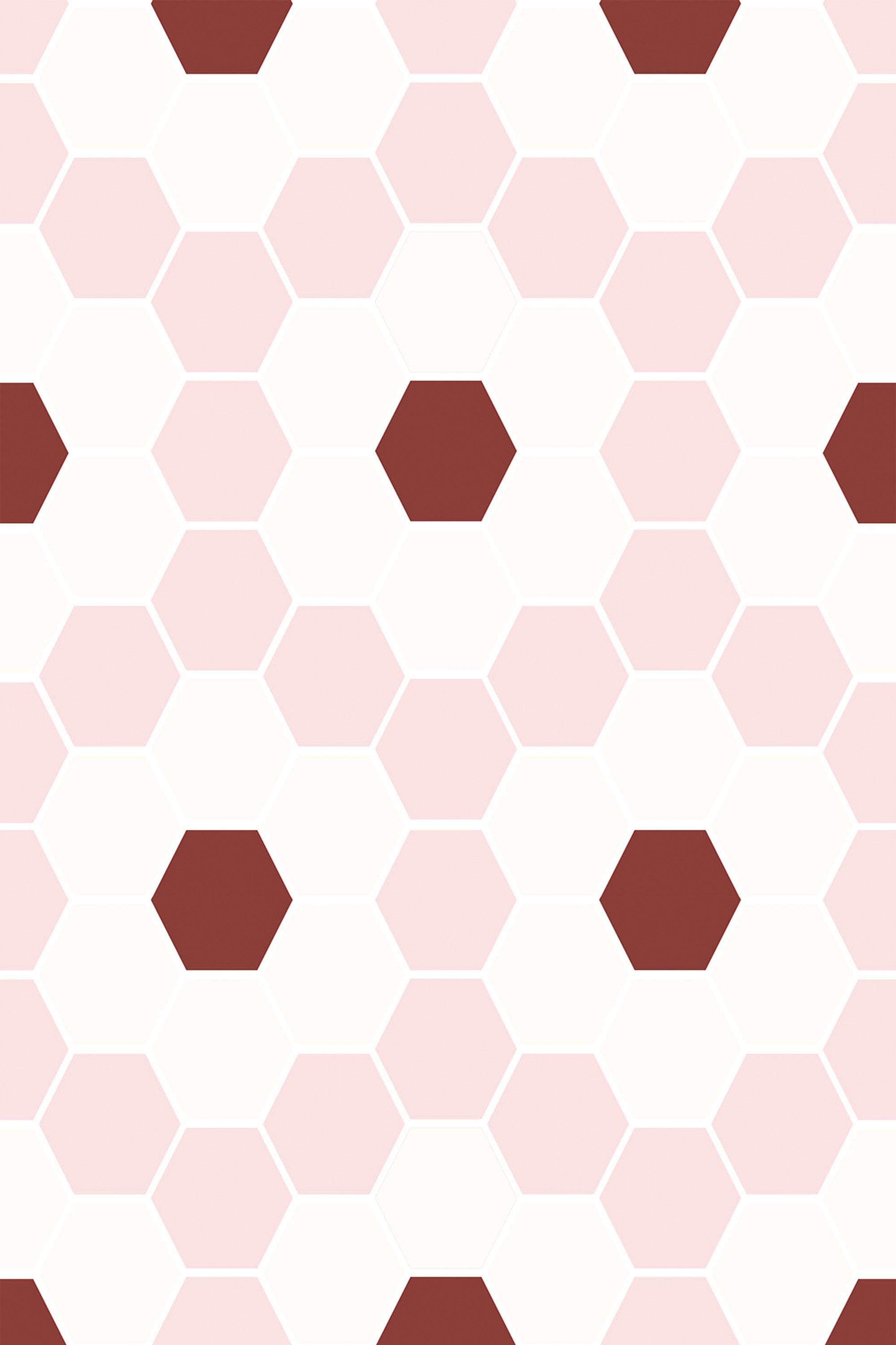 Hexagonal geometric floral pattern with alternating soft pink and white tiles, interspersed with dark red hexagons. Peel and stick removable wallpaper.