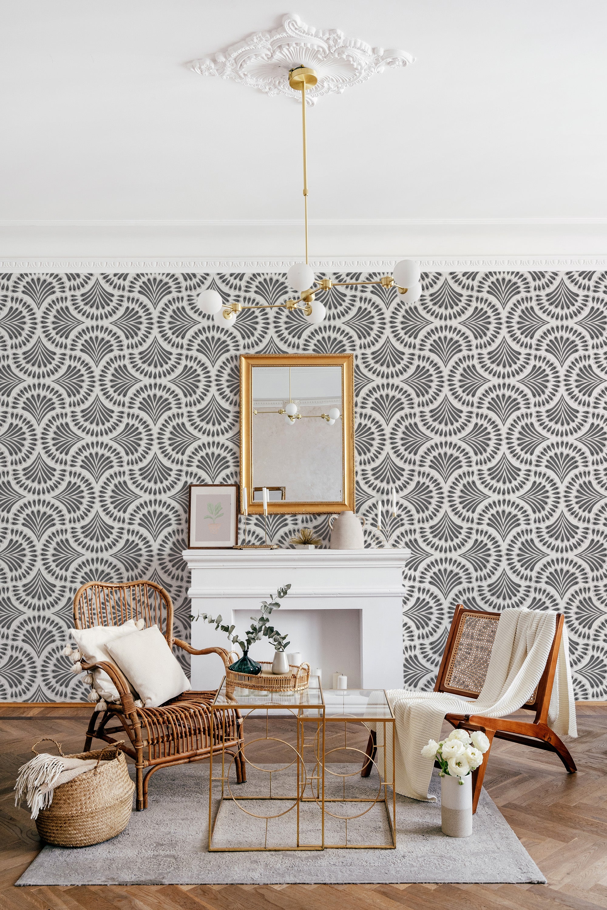 Black Art Deco paisley wallpaper with intricate, swirling patterns forming an elegant, symmetrical design in black and white, complementing the modern and cozy decor of the room. Traditional wallpaper.