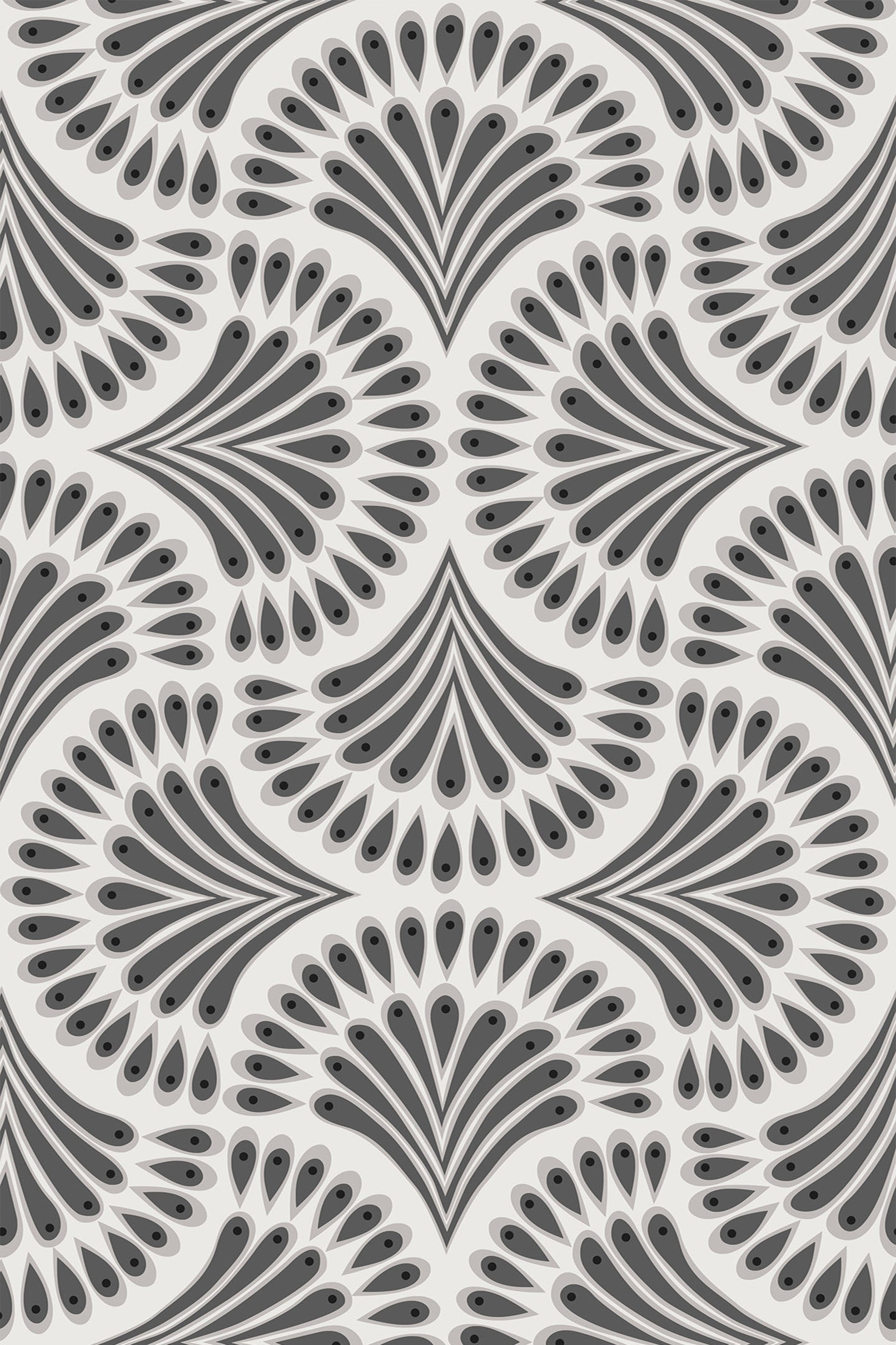 A repeating pattern of black and grey Art Deco-style paisley shapes with intricate fan-like designs on a white background, peel and stick removable wallpaper.