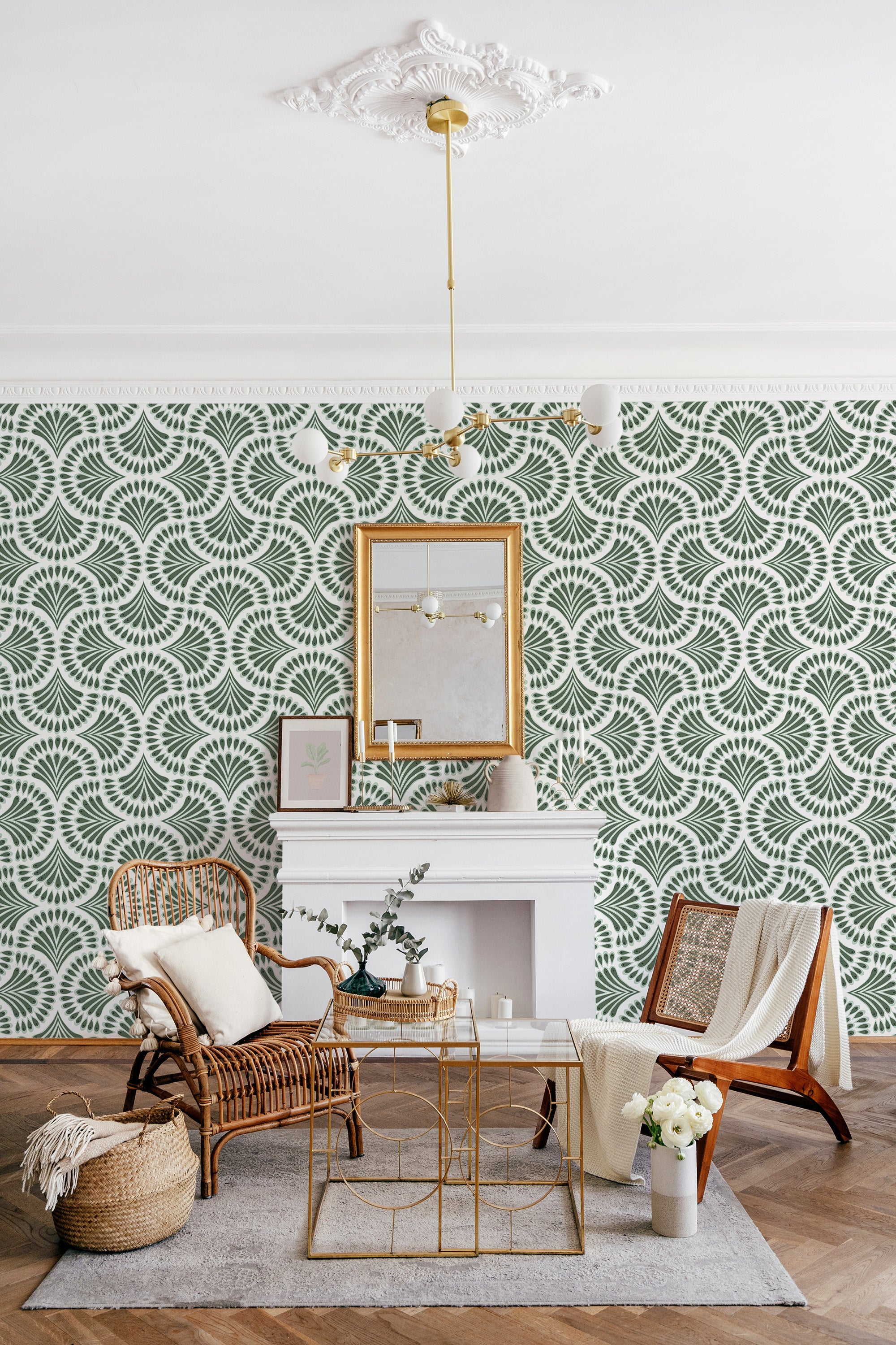 A room with wallpaper in a green art deco paisley pattern with intricate swirling designs and a vintage feel, adding a touch of elegance and sophistication to the space. Traditional wallpaper.