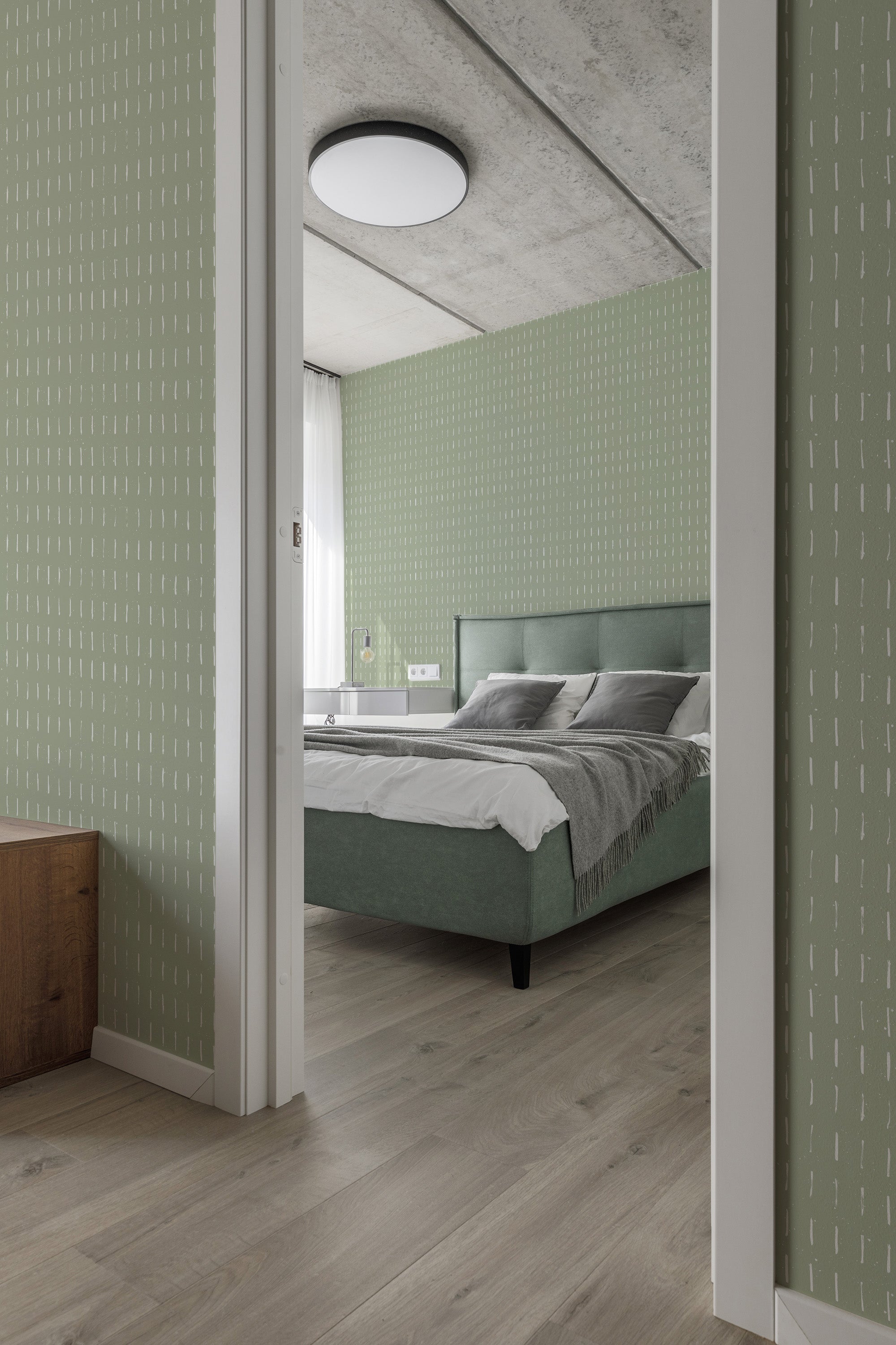 Sage green wallpaper with delicate vertical brush stroke patterns in a soft, muted tone. Traditional wallpaper.