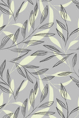 A repeating pattern of delicate black leaf outlines on a neutral gray background, complemented by soft green leaf-fill accents. Peel and stick removable wallpaper.