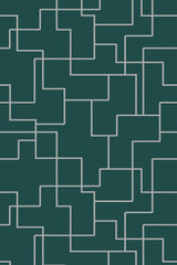 Emerald green geometric wallpaper with a pattern of interlocking squares and rectangles outlined in white. Peel and stick removable wallpaper.