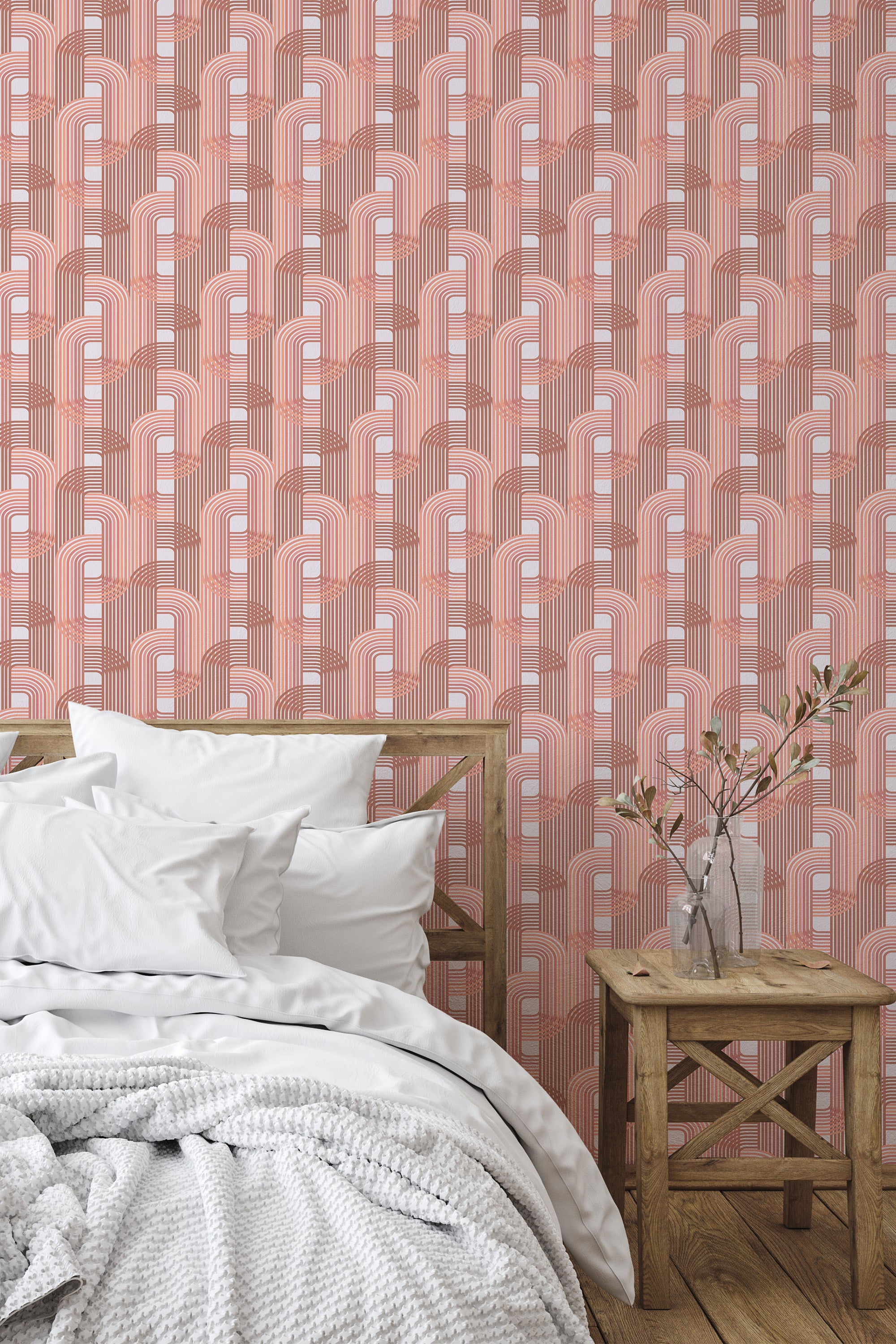 Self-adhesive wallpaper with a Pink luxury arch design, featuring curved geometric patterns in soft shades of pink and white on a calm rose-colored background.