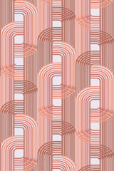 A repeating pattern of interconnected arches in shades of pink and soft terracotta on a white background, forming a seamless geometric design with varying line widths creating a 3D effect. Peel and stick removable wallpaper.