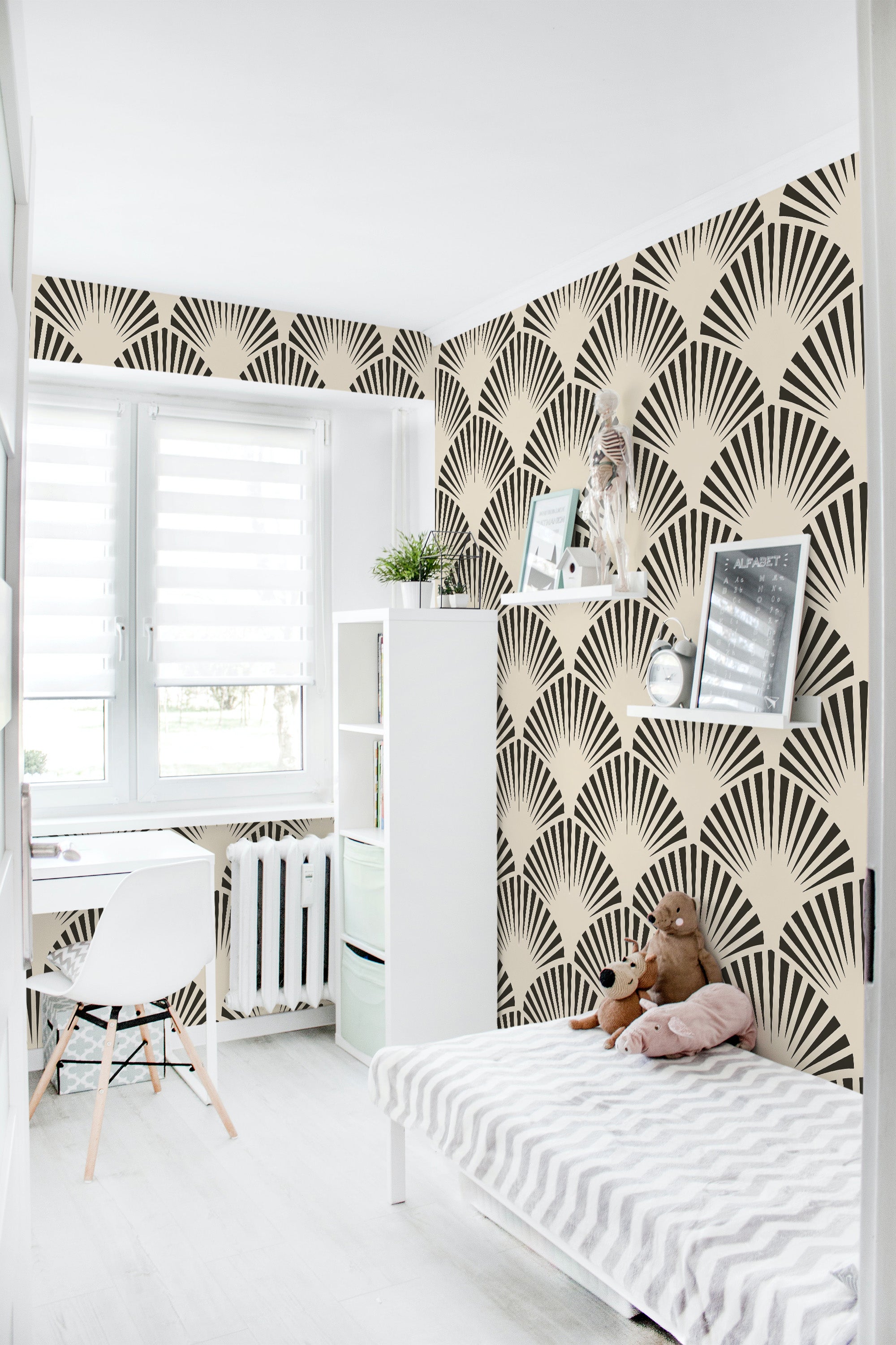 Wallpaper with a pattern of beige arches paired with black fan-shaped designs spread across the wall, adding an elegant and geometric flair to the room. Traditional wallpaper.