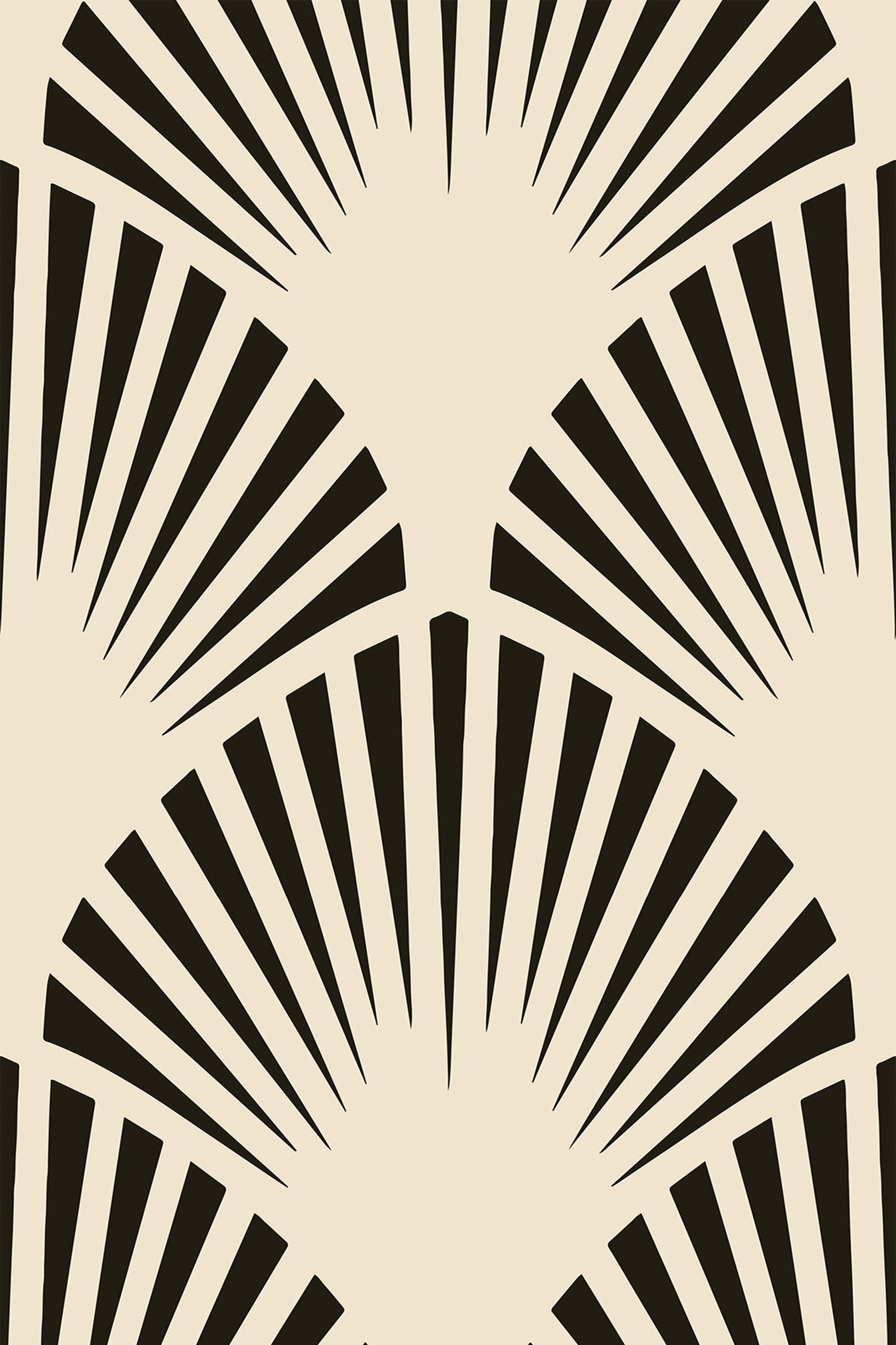 Beige arch design with a pattern of black, elongated fan-like shapes radiating outward, creating a geometric, symmetrical style over a beige background. Peel and stick removable wallpaper.