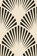 Beige arch design with a pattern of black, elongated fan-like shapes radiating outward, creating a geometric, symmetrical style over a beige background. Peel and stick removable wallpaper.