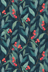 Dark background with vibrant green leaves and clusters of bright red berries scattered throughout. Peel and stick removable wallpaper.