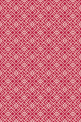 A repeating geometric pattern with white, intricate, interlocking shapes against a bold Viva magenta background. Peel and stick removable wallpaper.