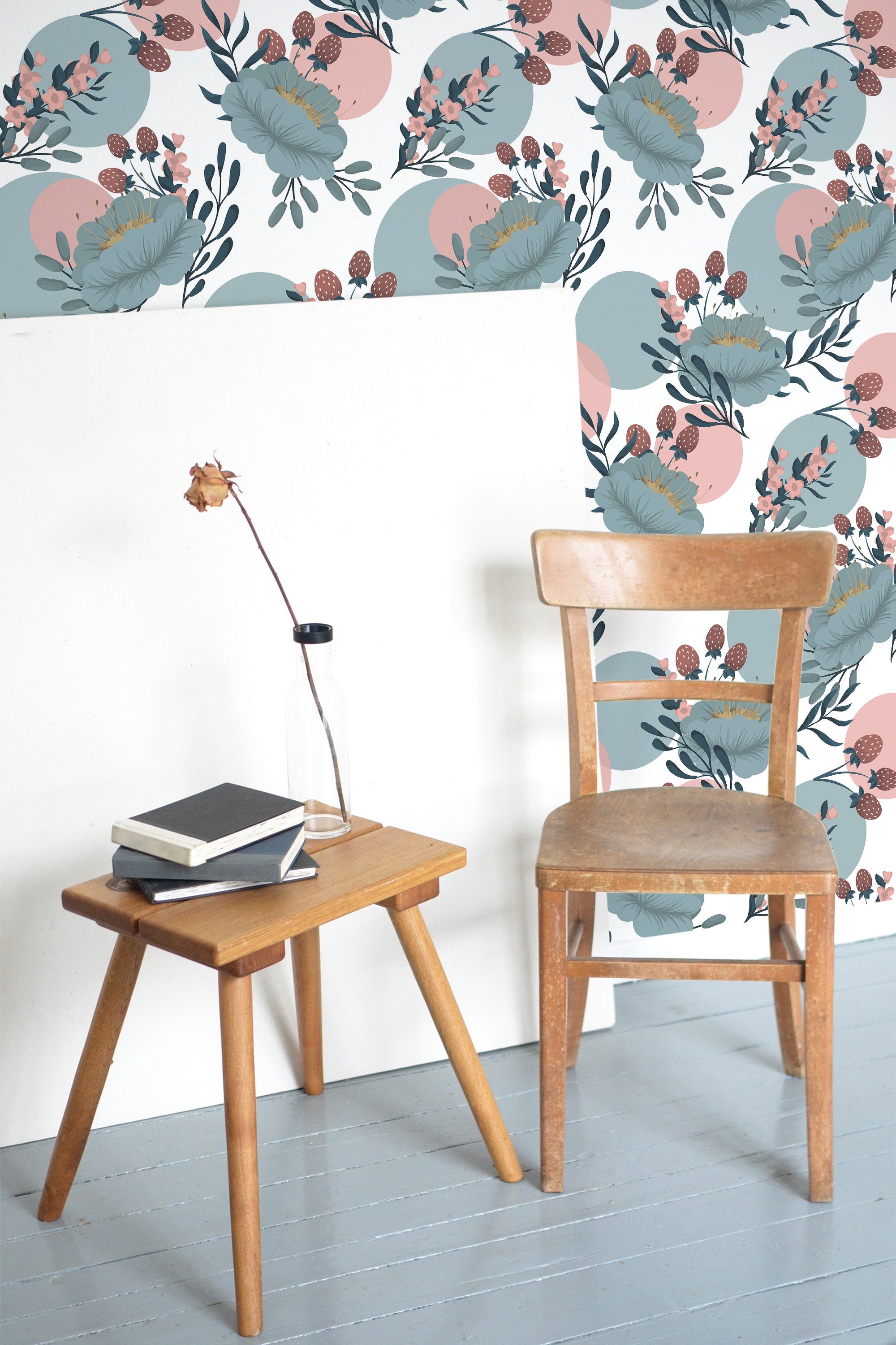 Self-adhesive pastel boho floral wallpaper with soft teal, blush, and muted pink floral patterns and delicate leaf accents for a calming, nature-inspired look.
