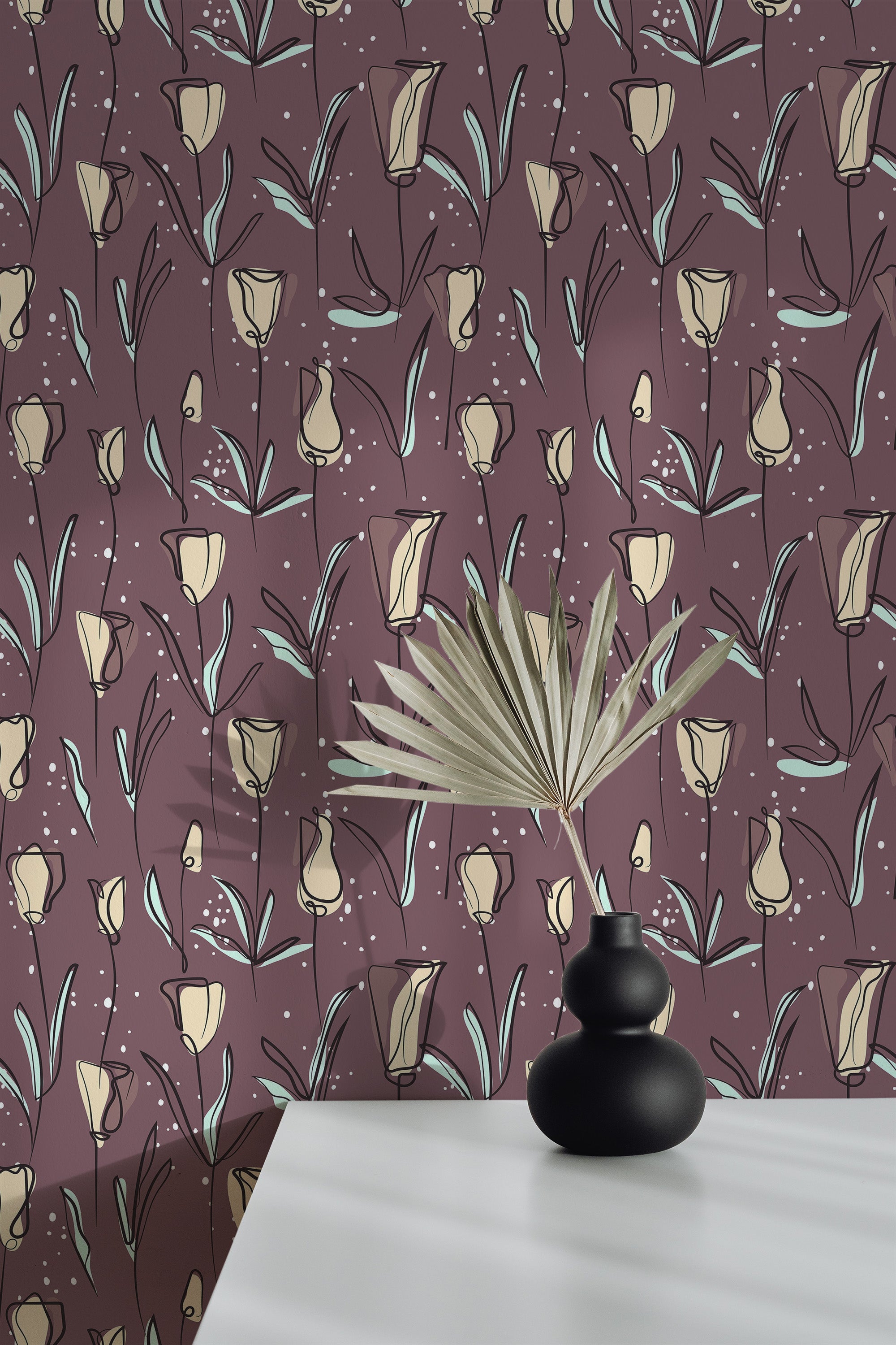 Self-adhesive wallpaper with bold tulip design in shades of cream and light blue on a deep maroon background, creating a vibrant and modern floral pattern.
