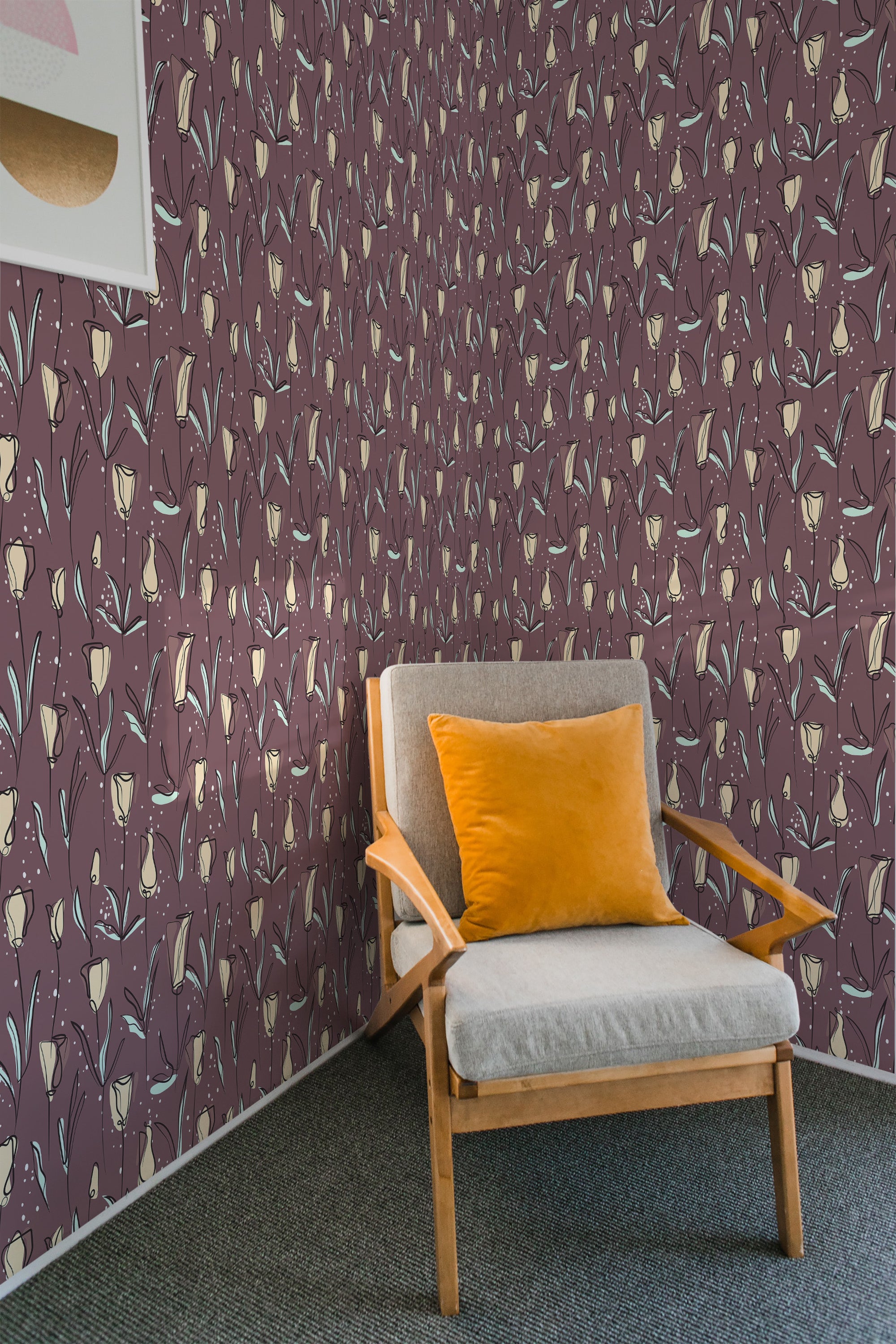 A room with wallpaper featuring a bold tulip pattern in shades of brown and beige, paired with green leaves on a dark background, creating a rich, classic look. Traditional wallpaper.