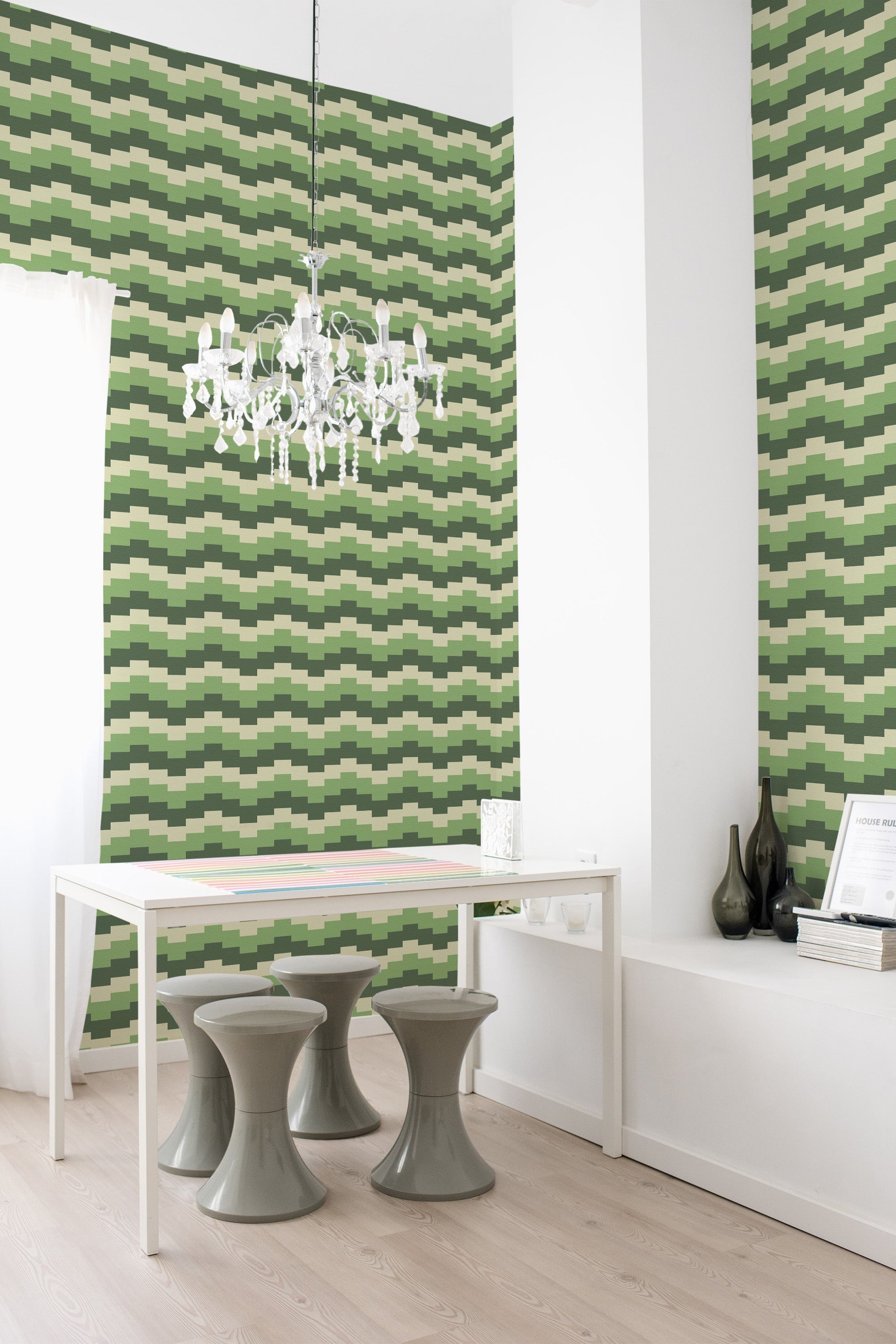 Green geometric wave wallpaper with alternating shades of green arranged in a wavy, interlocking rectangular pattern, complementing the room's modern decor. Traditional wallpaper.