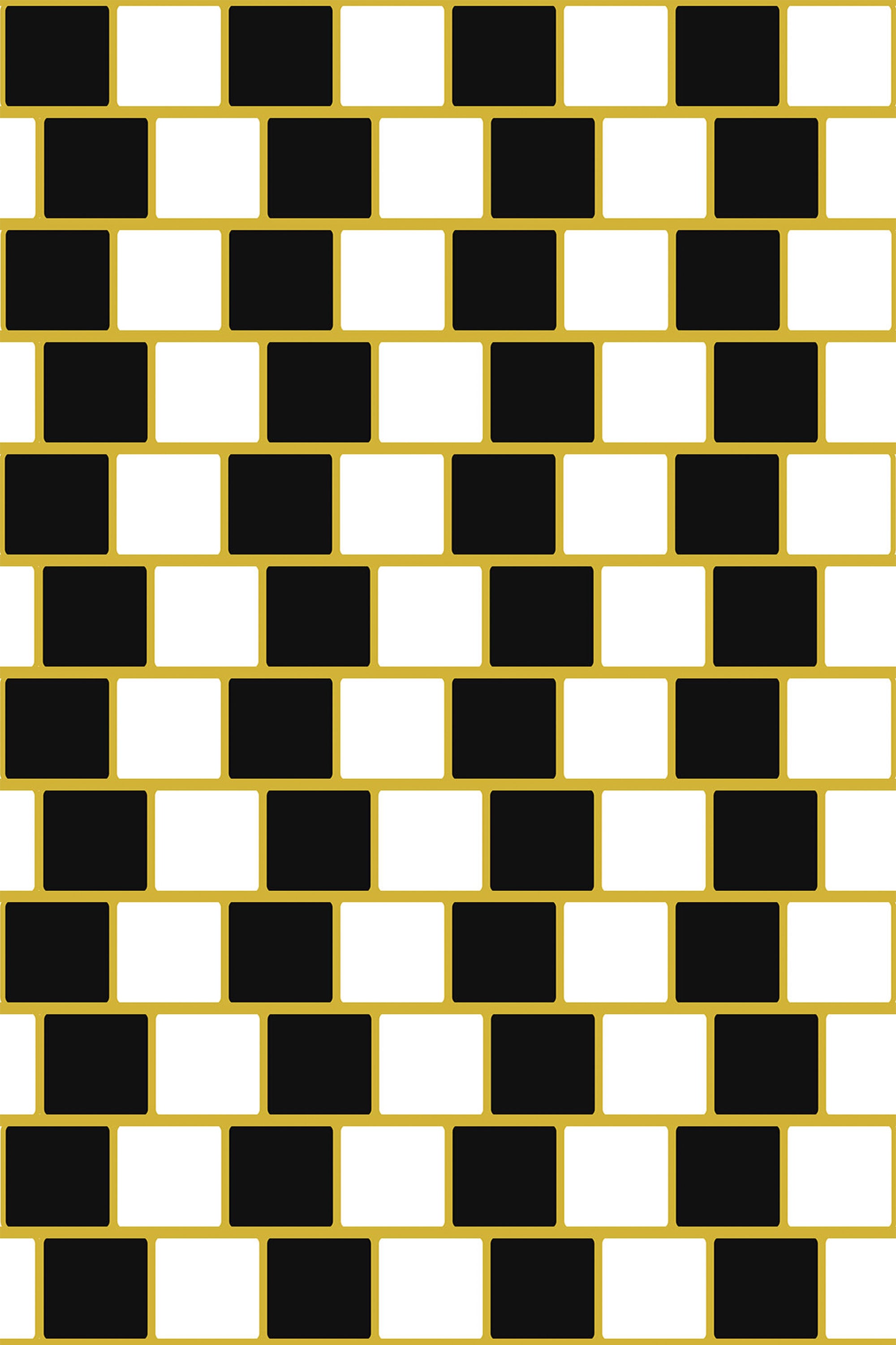 A black and white geometric optical tile pattern with a brick-like arrangement and thin gold borders, creating a visual 3D effect. Peel and stick removable wallpaper.