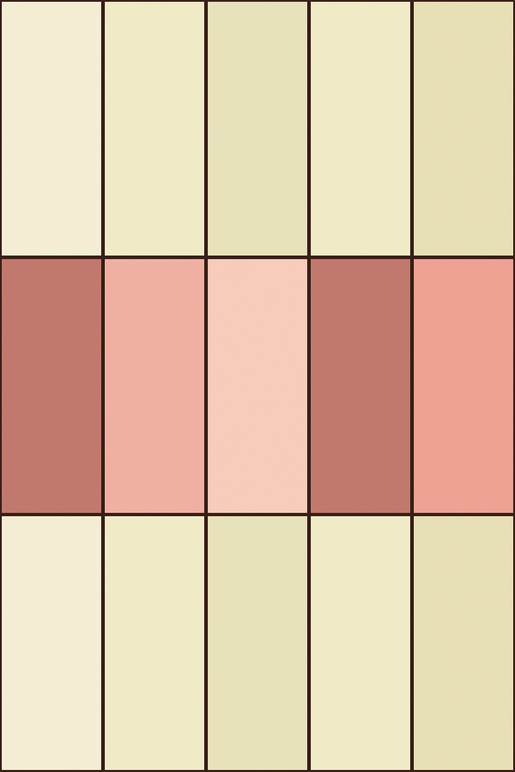 Alternating vertical tiles in shades of cream, muted green, and warm pinks with brown grout lines. Peel and stick removable wallpaper.