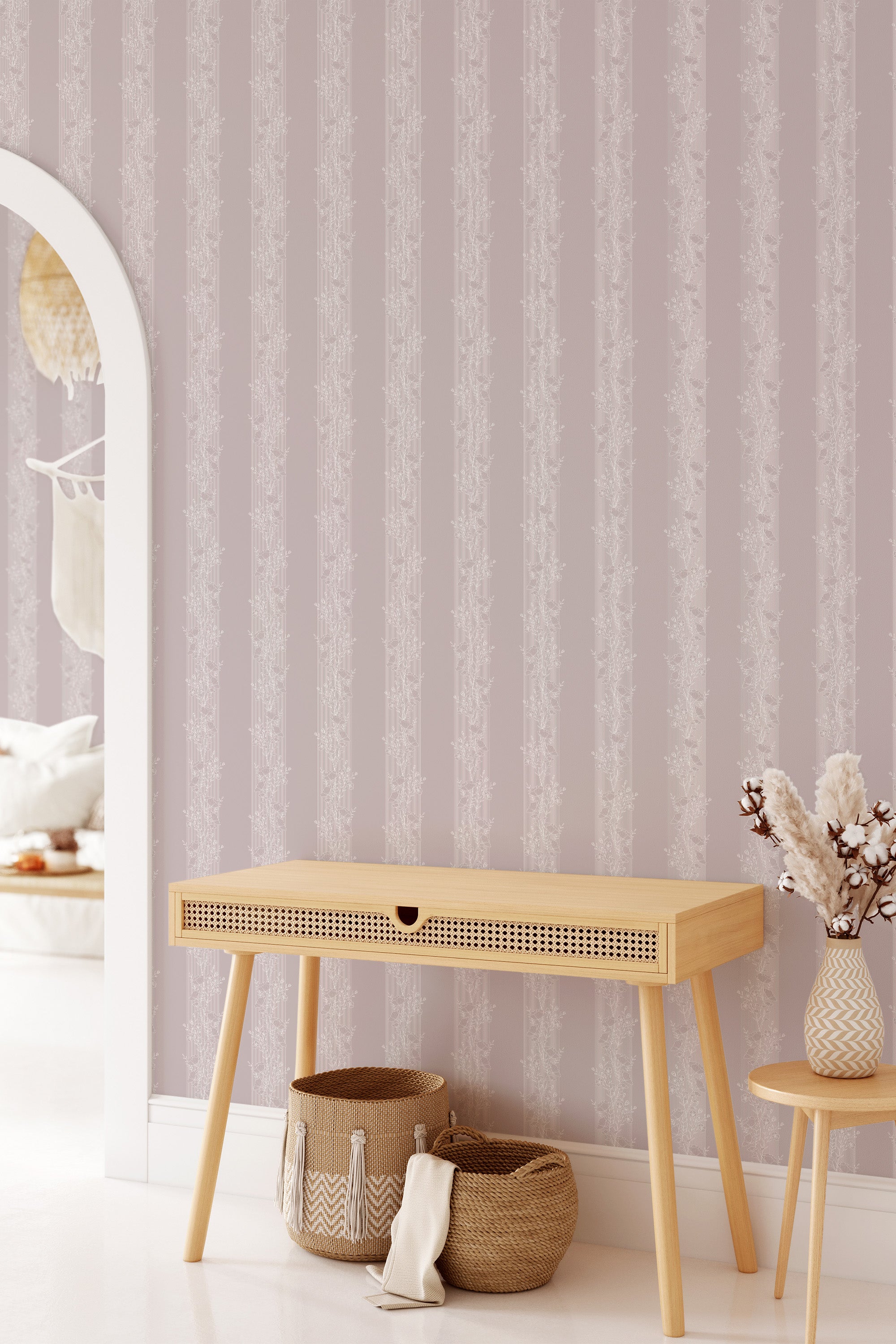 Pink floral line wallpaper with delicate vertical stripes featuring intricate floral patterns in a soft, traditional wallpaper.