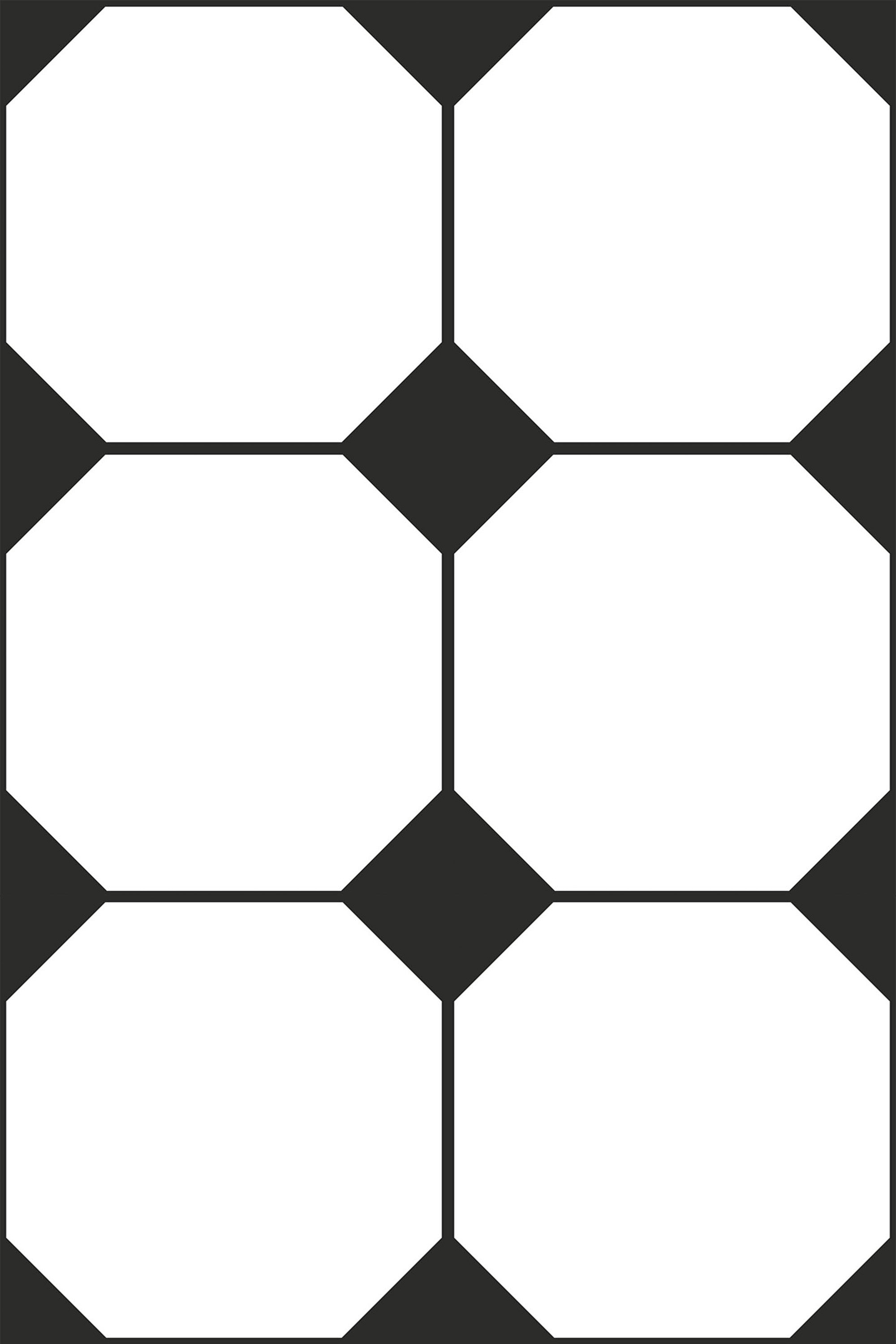 Octagon-shaped tiles in black and white with clean lines repeating in a geometric pattern. Peel and stick removable wallpaper.
