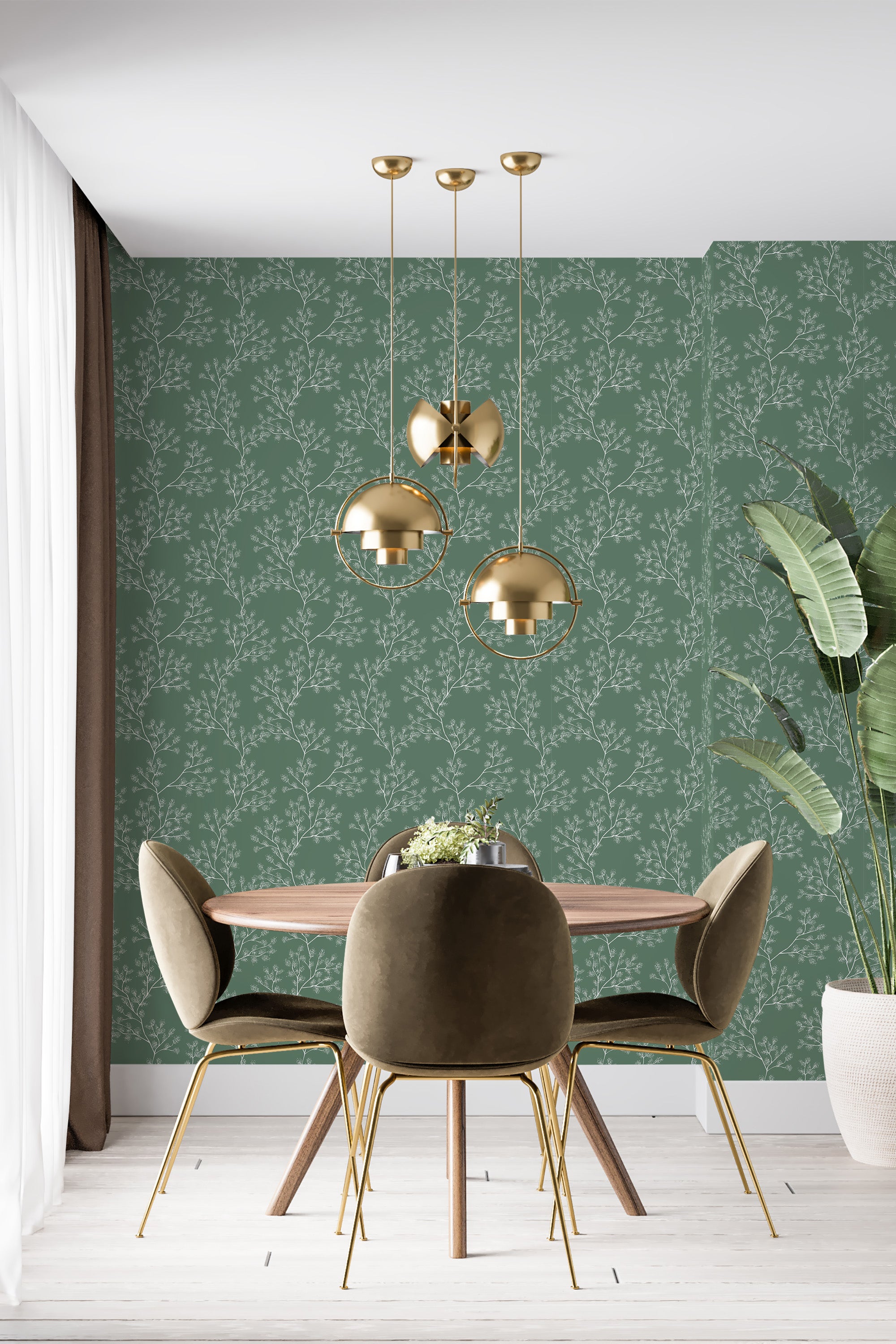 Green wallpaper with a delicate pattern of white branches and leaves spread across in a symmetric, cascading arrangement, adding a natural and serene atmosphere to the room, traditional wallpaper.
