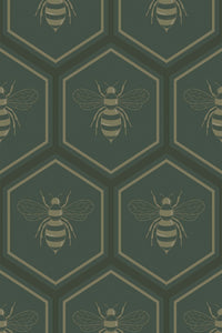 A repeating pattern of gold bees centered within green hexagons, creating a honeycomb-like structure on a dark green background. The design combines geometric shapes with natural elements for a modern yet organic look. Peel and stick removable wallpaper.
