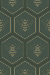 A repeating pattern of gold bees centered within green hexagons, creating a honeycomb-like structure on a dark green background. The design combines geometric shapes with natural elements for a modern yet organic look. Peel and stick removable wallpaper.