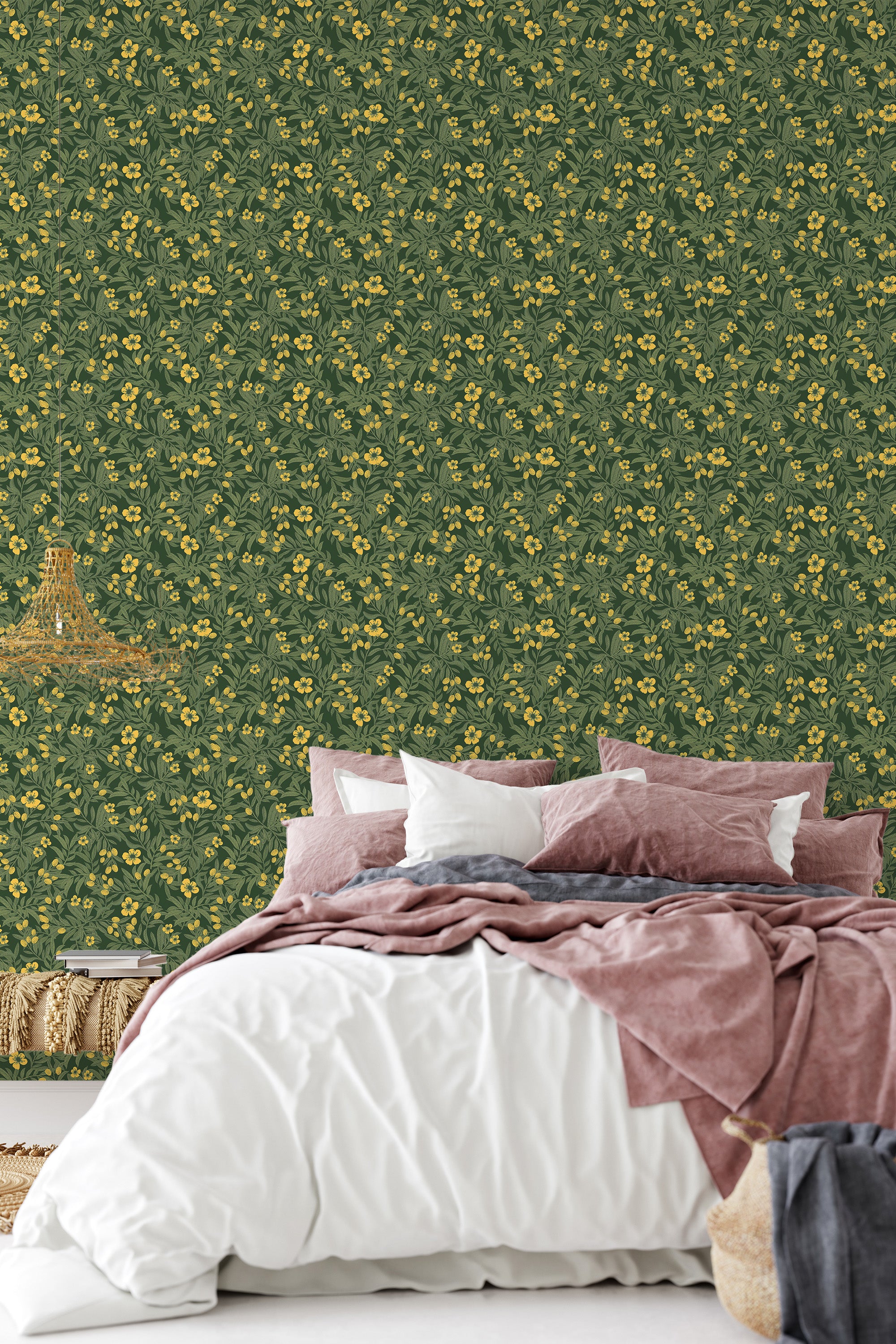 The wallpaper is adorned with a detailed pattern of lush green foliage intertwined with small yellow flowers, creating a dense and vibrant natural look. The wallpaper has a rich green background that enhances the botanical theme, evoking a sense of nature and tranquility. The design has a classic, vintage appeal, and ends in traditional wallpaper.