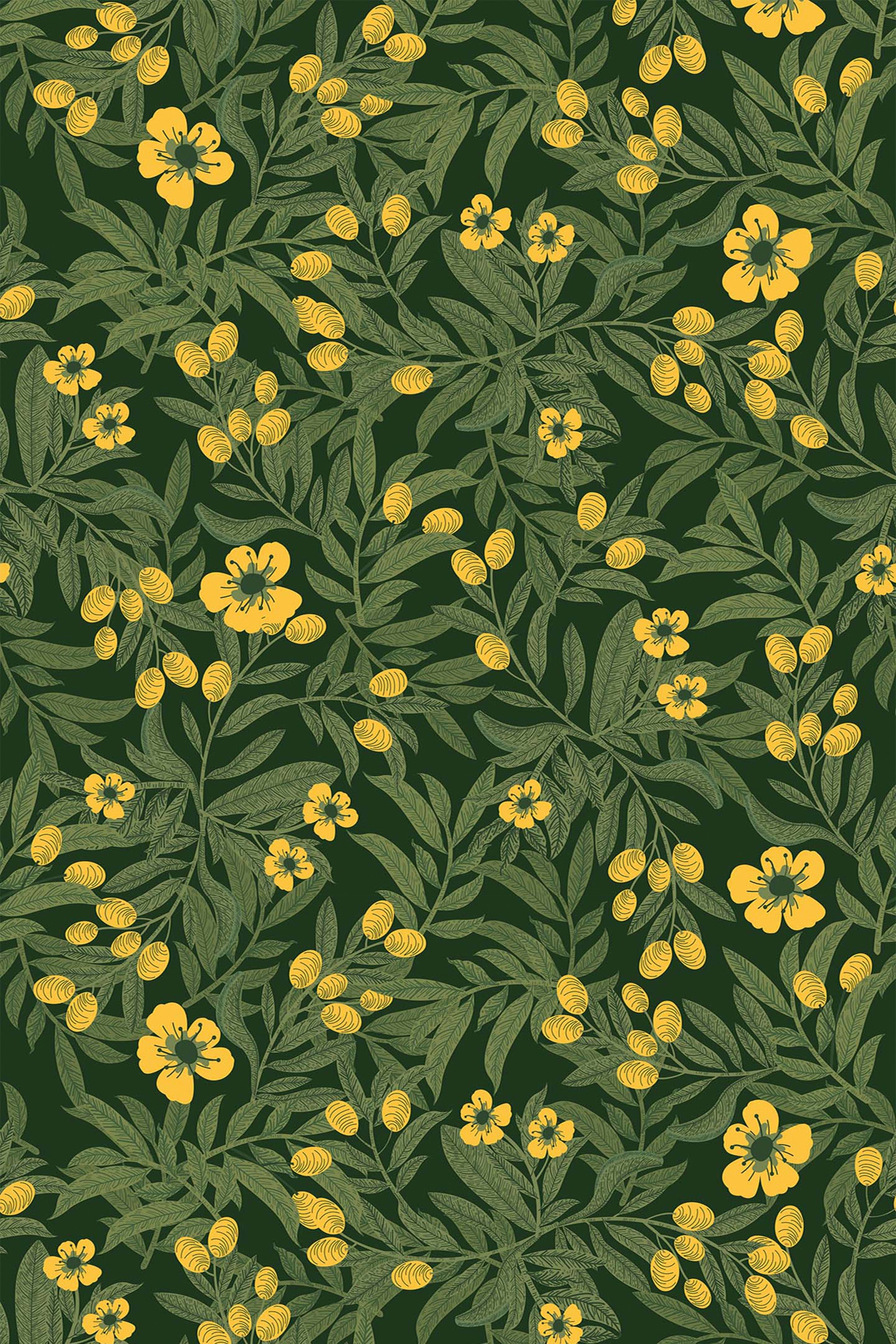 Floral pattern with rich green leaves and bold yellow blooms scattered throughout, set against a dark green background. The foliage and flowers create a lush and dense garden-like appearance. Peel and stick removable wallpaper.