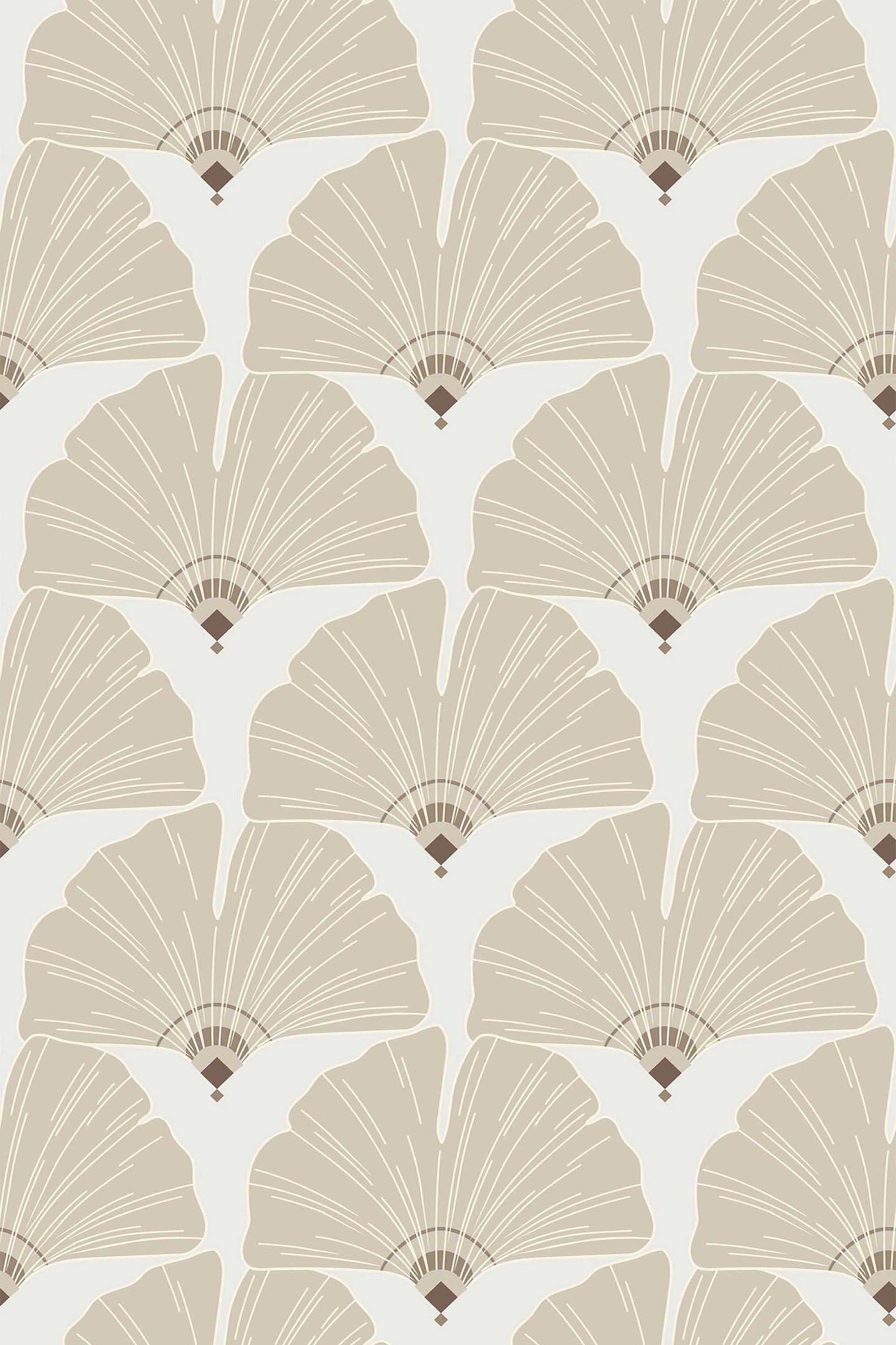 Neutral ginkgo leaves with delicate vein details are arranged in an arch pattern, repeating across a soft cream background. Peel and stick removable wallpaper.