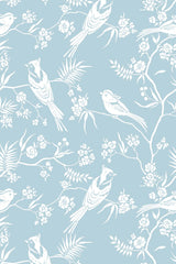 Light blue background with white birds perched on delicate branches adorned with blooming flowers and leaves, peel and stick removable wallpaper.
