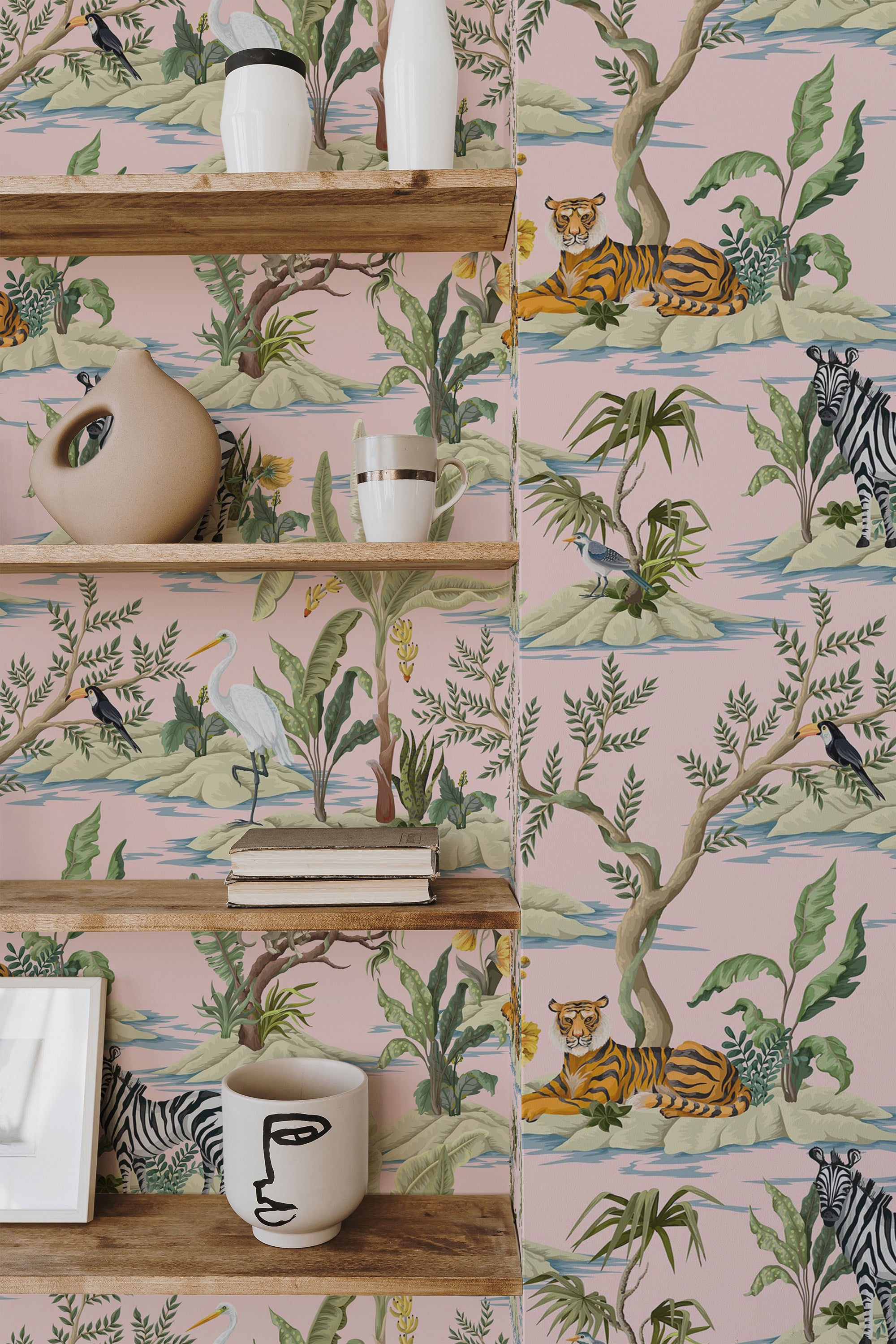 Self-adhesive wallpaper with a tropical animal theme including zebras, tigers, and lush greenery set against a soft pink background, creating a vibrant jungle atmosphere.