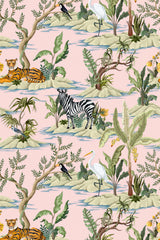 A repeating design with illustrations of tigers, zebras, and herons surrounded by tropical plants and trees on a soft pink background. The pattern includes lush foliage, small trees, and water features, creating a vibrant jungle scene. The wildlife is positioned around small islands of greenery, creating a balanced, exotic aesthetic. Peel and stick removable wallpaper.
