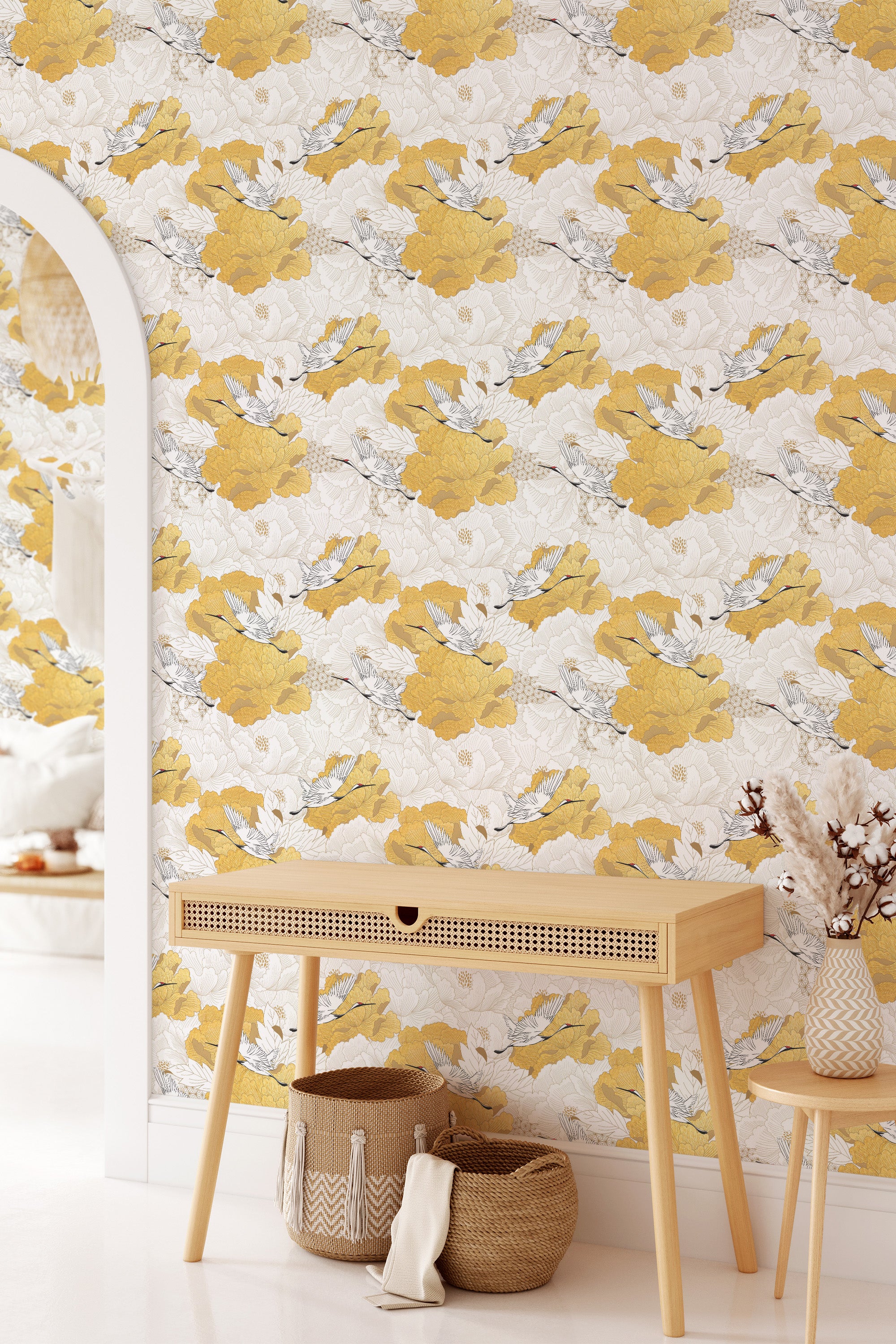 Wallpaper adorned with a Chinoiserie bird design with intricate depictions of delicate birds perched among vivid yellow and gray floral patterns, creating a blend of nature-inspired elements against a soft, neutral backdrop,raditional wallpaper.