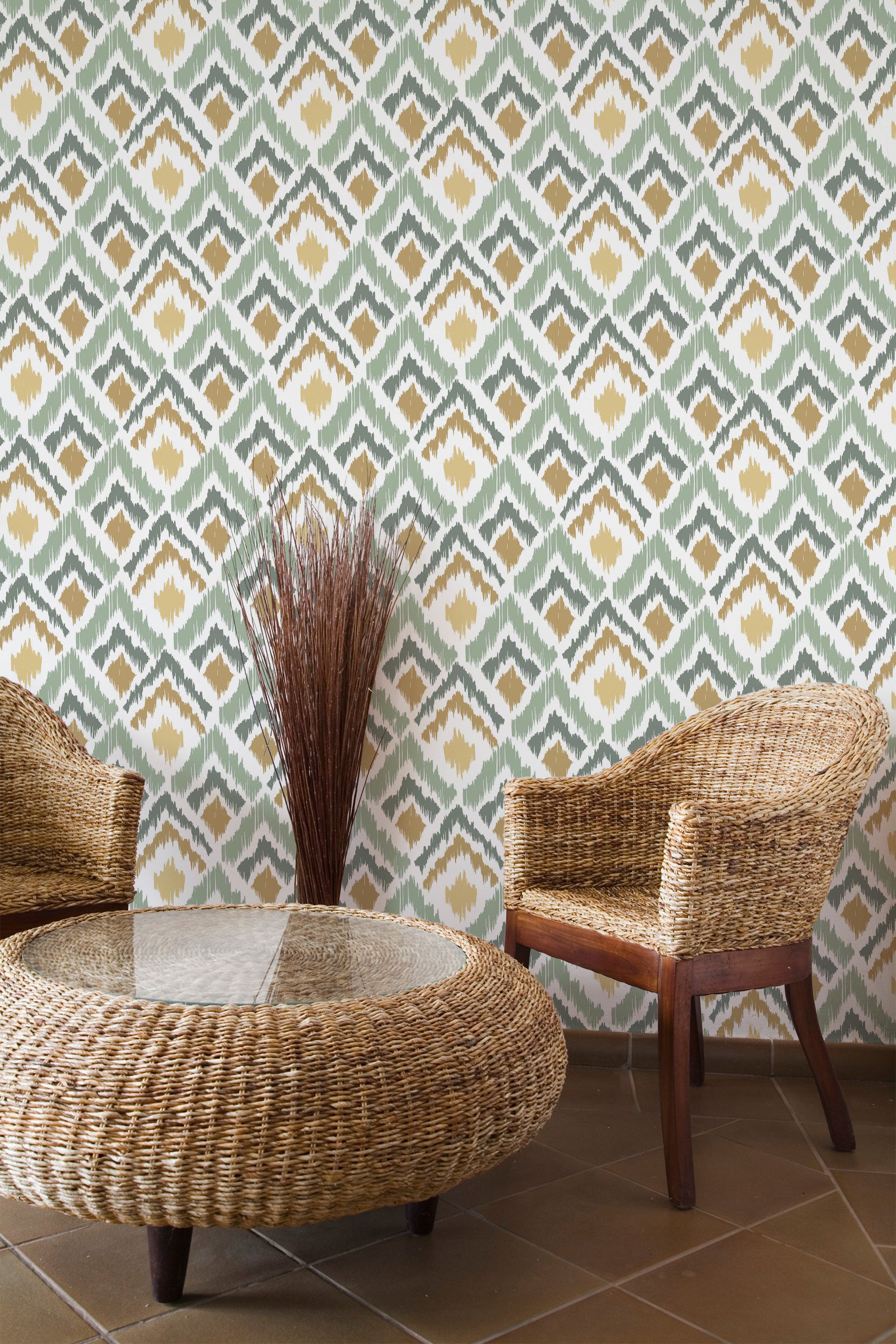 Self-adhesive Green Ikat wallpaper with a geometric pattern in shades of green, mustard, and white, creating a textured, tribal-inspired look.