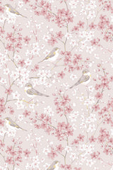 Light beige wallpaper brimming with delicate pink and white cherry blossoms interwoven with branches, alongside subtle yellow and gray birds perched gracefully, creating a serene, nature-inspired atmosphere, peel and stick removable wallpaper.