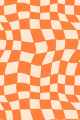 A wavy orange and beige checkered pattern in a geometric style, with alternating squares creating an optical illusion effect. Peel and stick removable wallpaper.