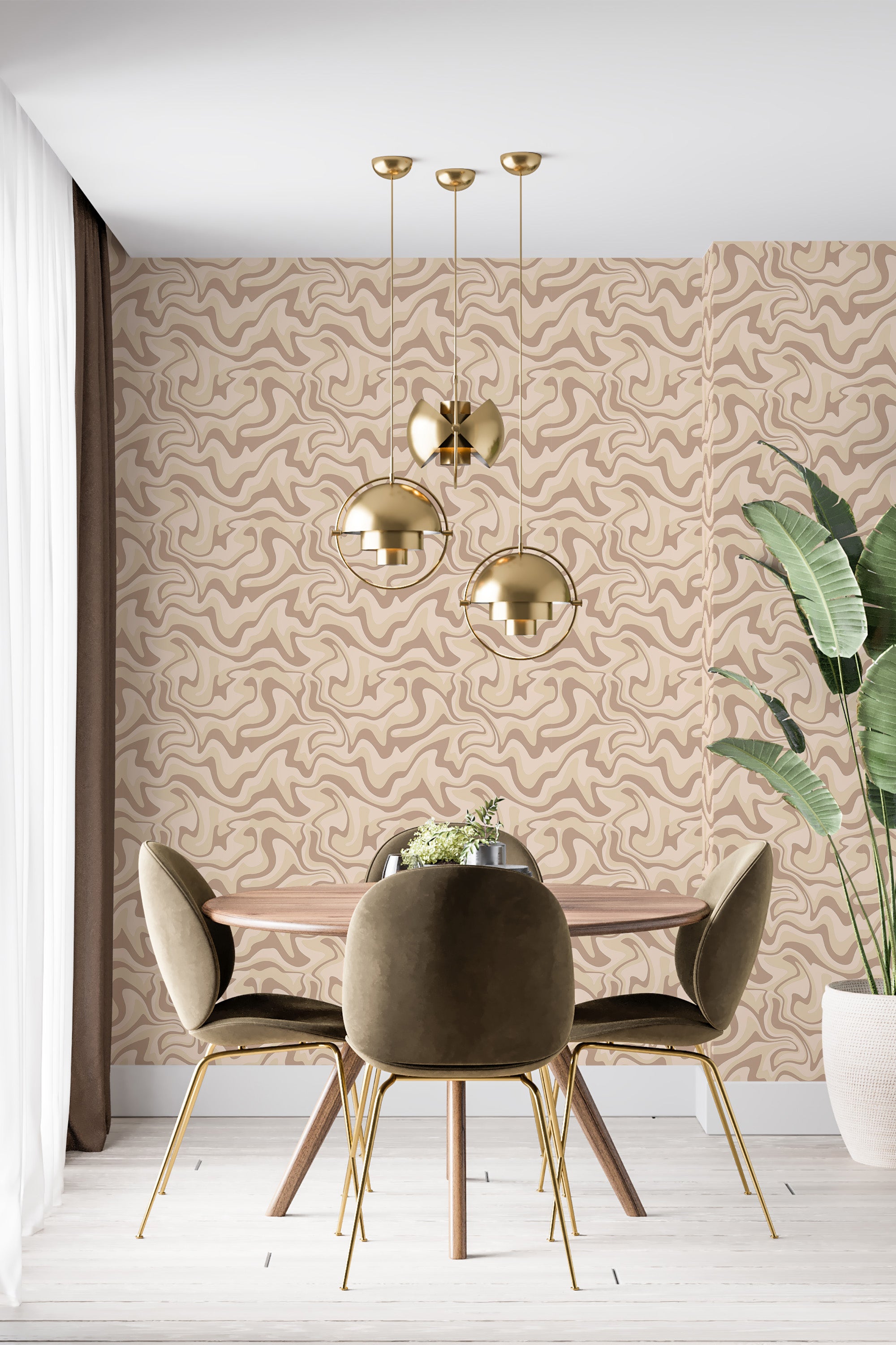 A room with neutral-toned abstract line patterns on the wall in a flowing, wavy design, giving the space a soft and contemporary feel. Traditional wallpaper.
