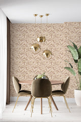 A room with neutral-toned abstract line patterns on the wall in a flowing, wavy design, giving the space a soft and contemporary feel. Traditional wallpaper.