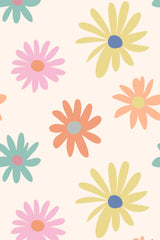 A vibrant retro floral pattern with large, bold flowers in shades of yellow, pink, orange, and teal on a soft cream background. Peel and stick removable wallpaper.