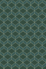 Emerald green art deco wallpaper with gold geometric patterns forming interlocking hexagons and cubes, peel and stick removable wallpaper.