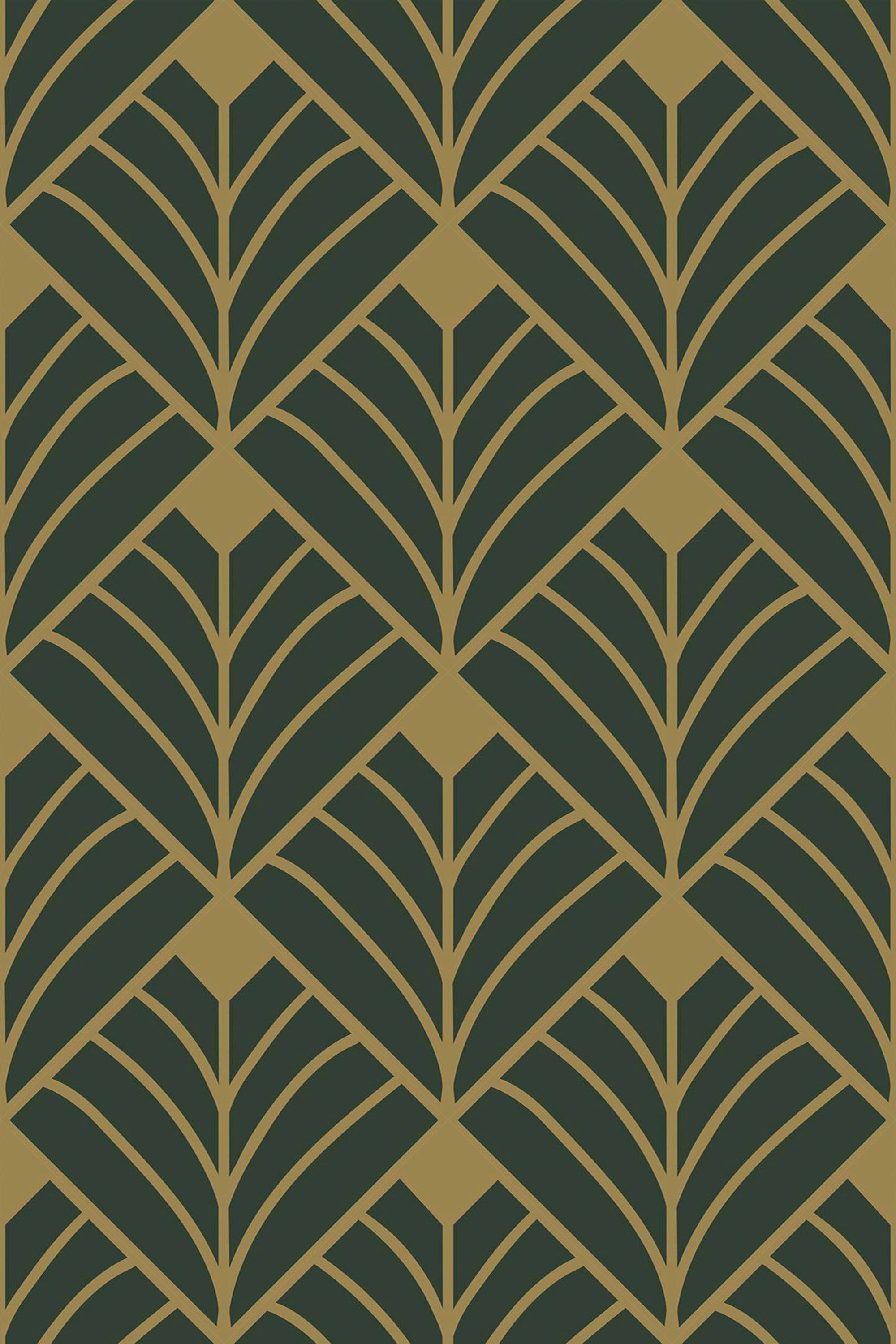 A geometric art deco pattern with overlapping gold fan-shaped leaf motifs on a dark green background, creating a symmetrical and retro-inspired design. Peel and stick removable wallpaper.