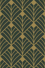 A geometric art deco pattern with overlapping gold fan-shaped leaf motifs on a dark green background, creating a symmetrical and retro-inspired design. Peel and stick removable wallpaper.