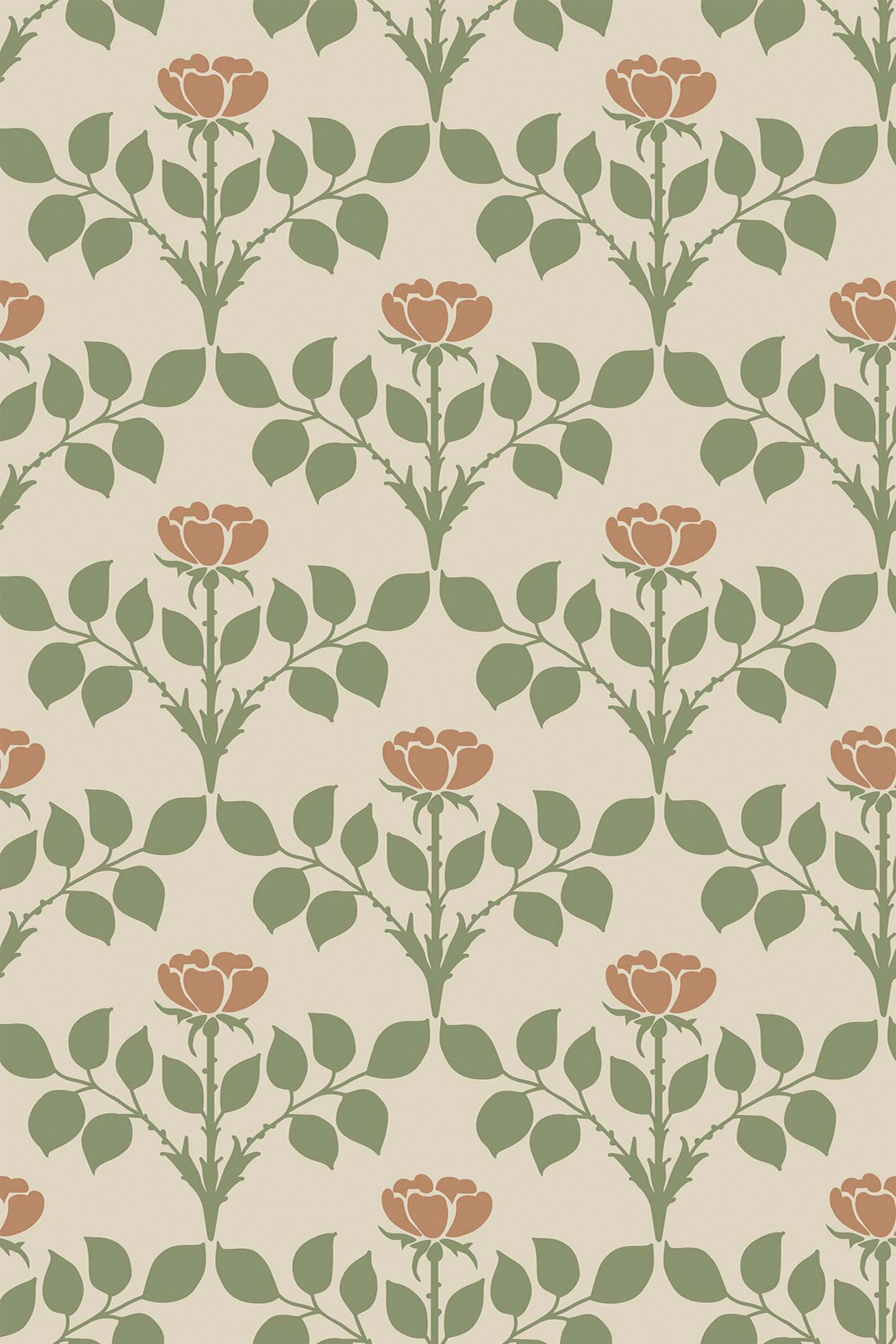 A repeating pattern of stylized red roses with green stems and leaves on a light beige background. Peel and stick removable wallpaper.