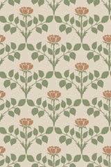 A repeating pattern of stylized red roses with green stems and leaves on a light beige background. Peel and stick removable wallpaper.